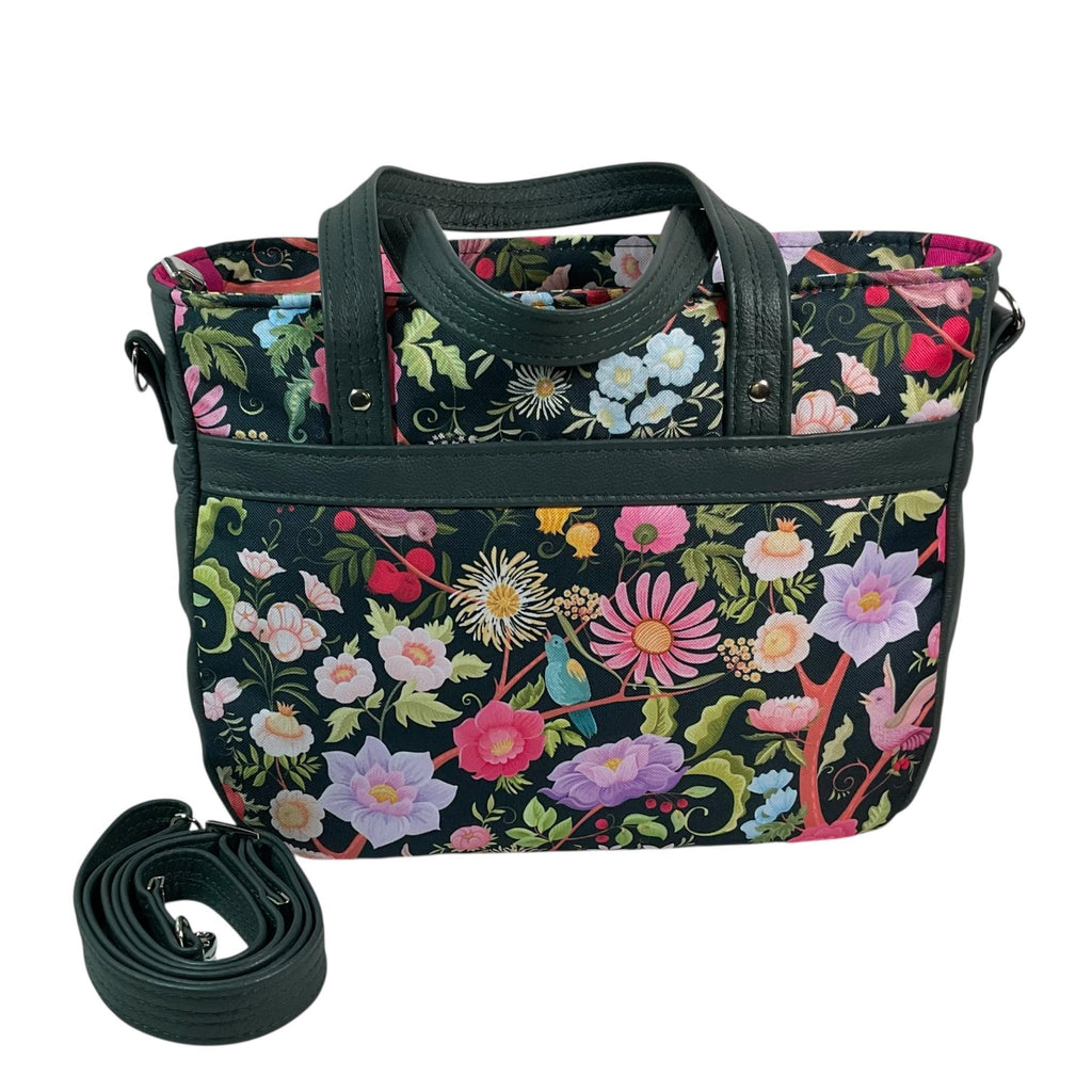 Crossbody Handbag with floral bird print, made in genuine leather, unique large woodland shoulder tote, zip pocket,  ladies gift