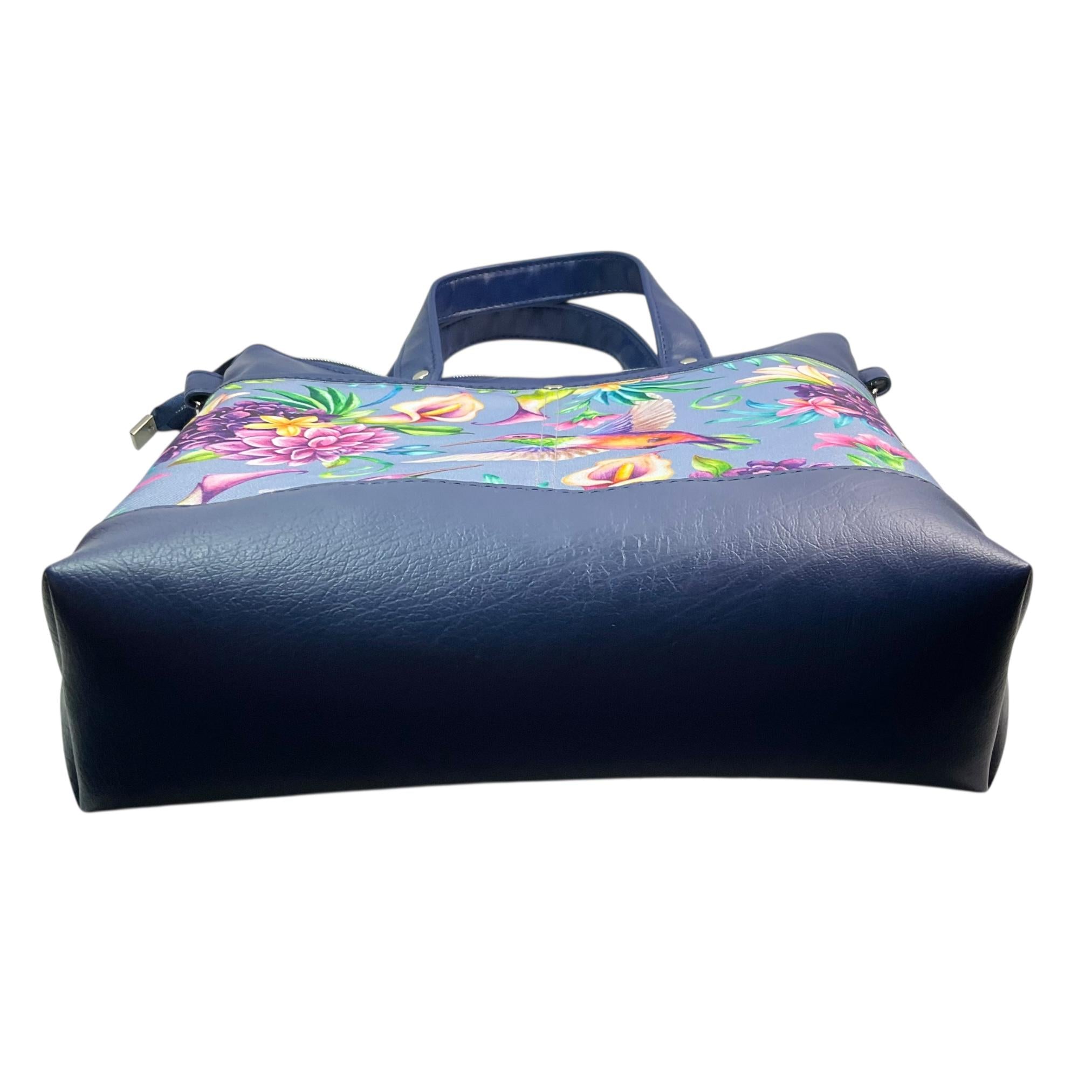 Handbag in faux Leather and floral hummingbird print  fabric, medium tote style zip top shoulder crossbody with carry handles
