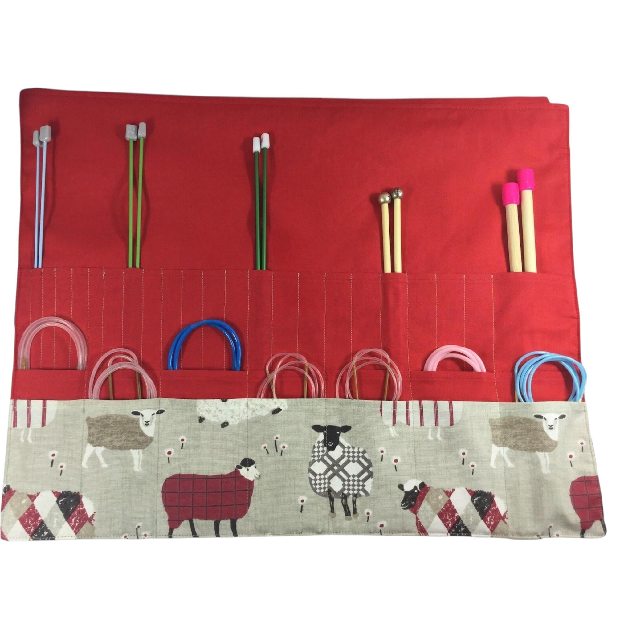 Straight and circular knitting needle case with red sheep, knitting needle pouch,  needle storage, long needles wallet, fixed sock needle