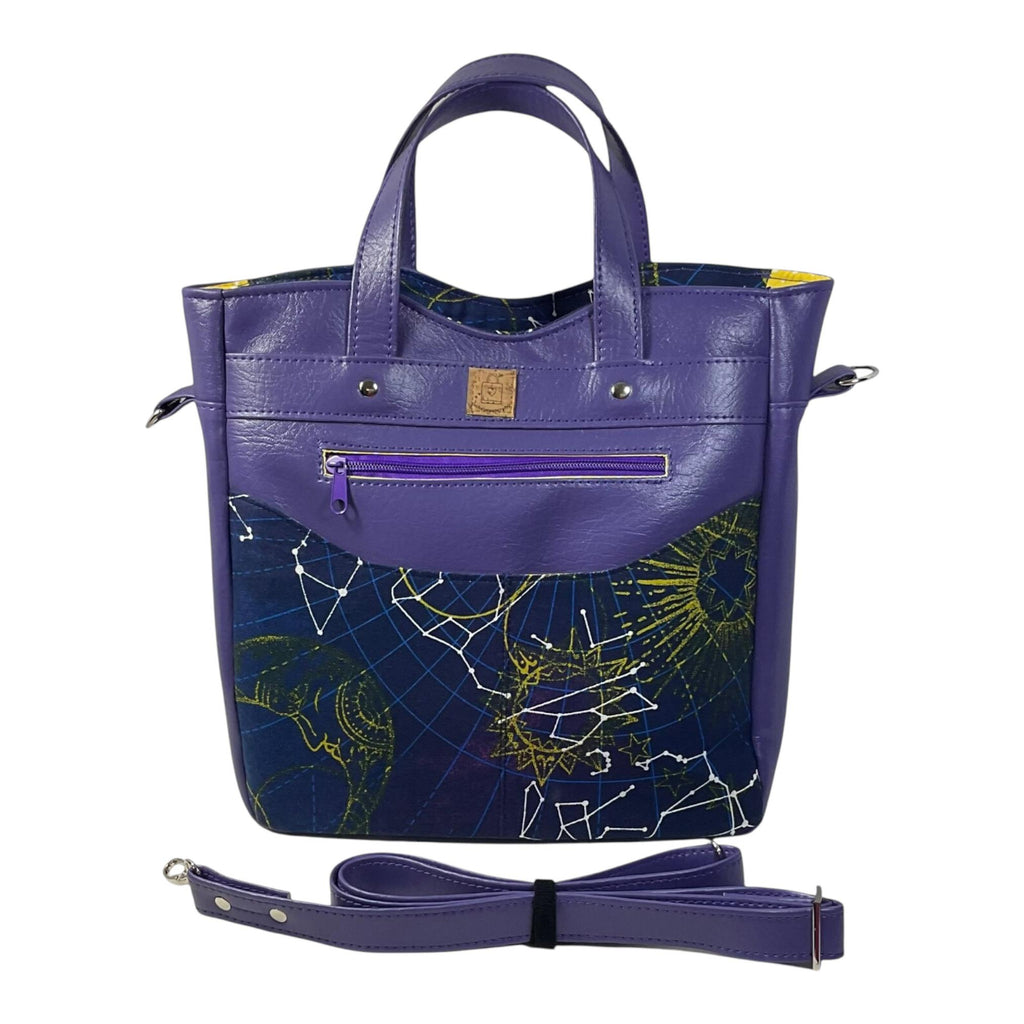 Handbag in faux leather and astrological space print, vegan ladies gift, handles and crossbody strap bag, rectangular shoulder zip pouch,