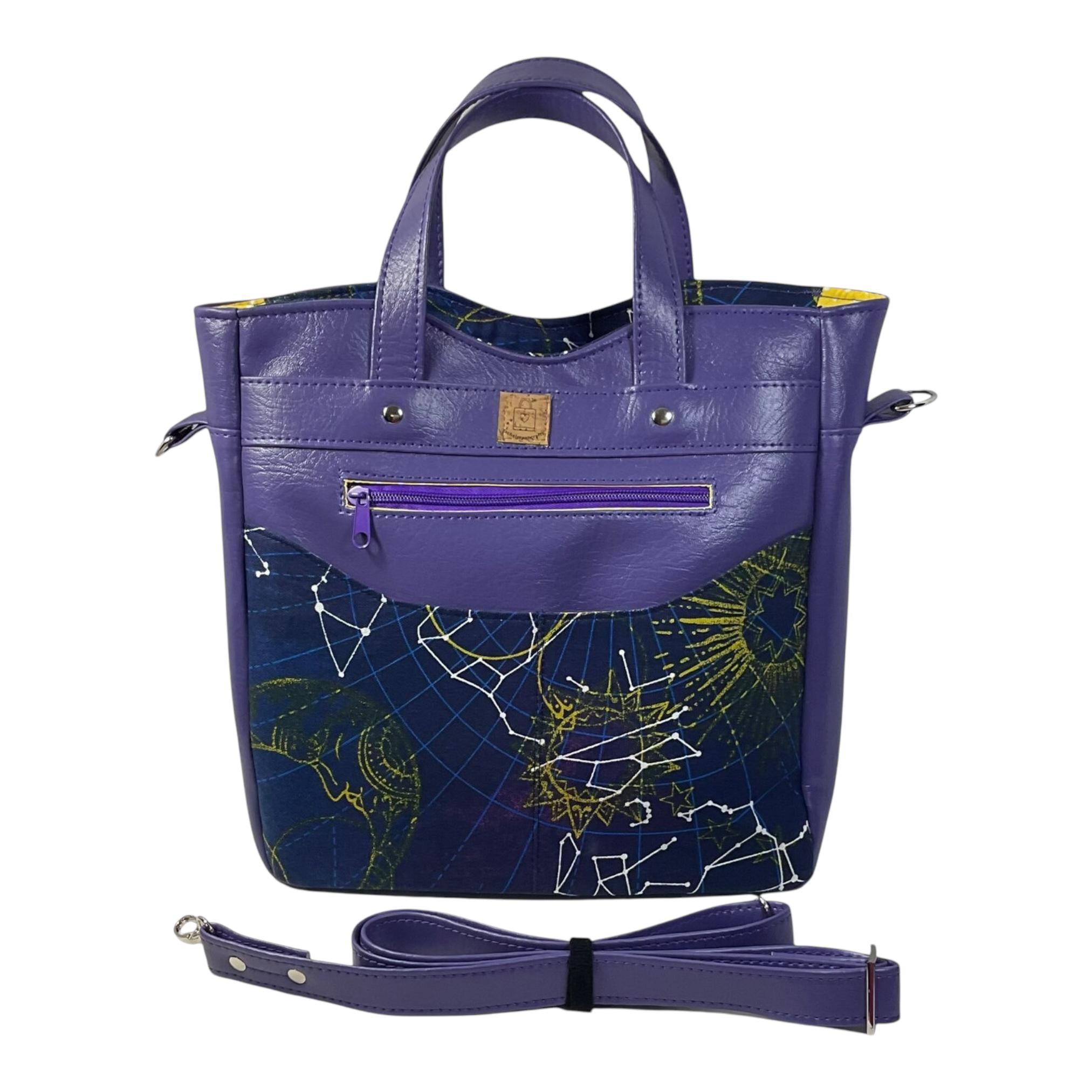 Handbag in faux leather and astrological space print, vegan ladies gift, handles and crossbody strap bag, rectangular shoulder zip pouch,