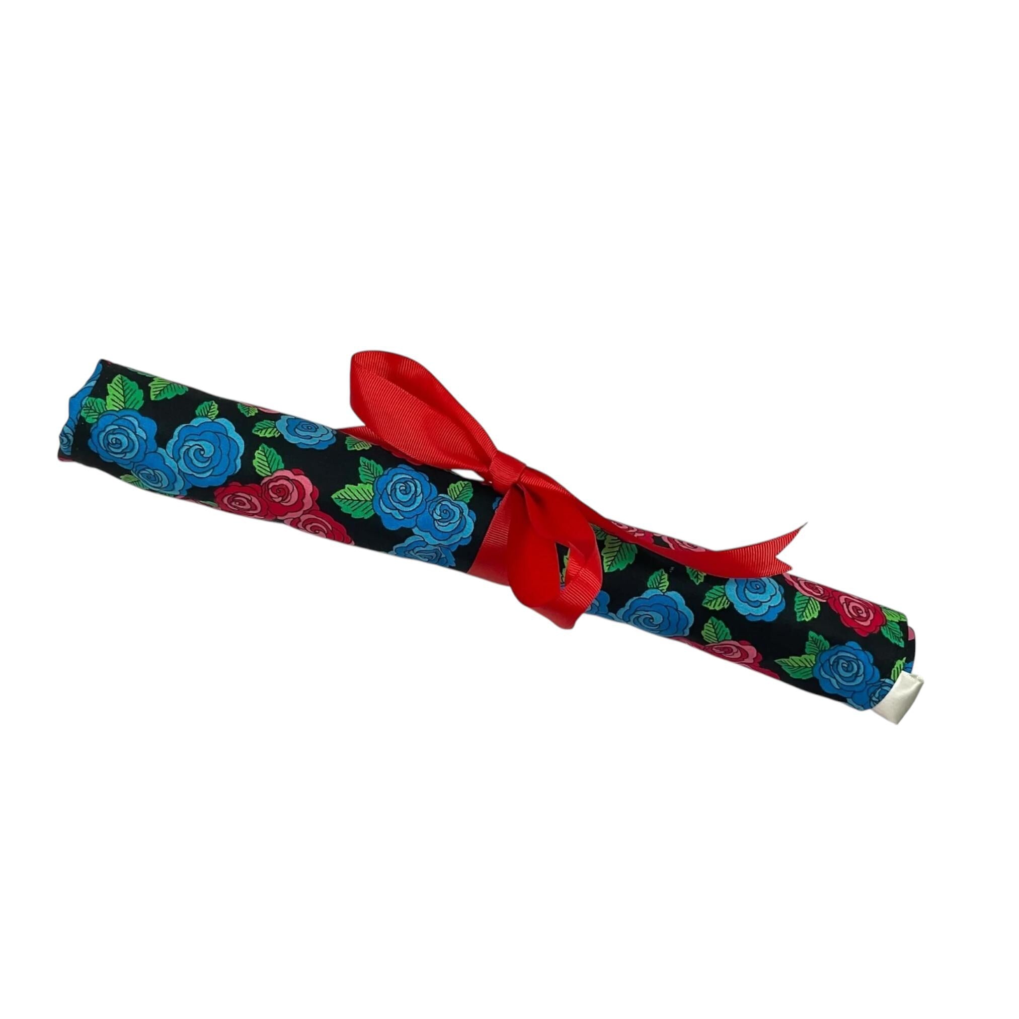 Red rose print Straight knitting needle case, floral  needle roll, ribbon tie storage, knitting accessories, knitters gift,needle organiser