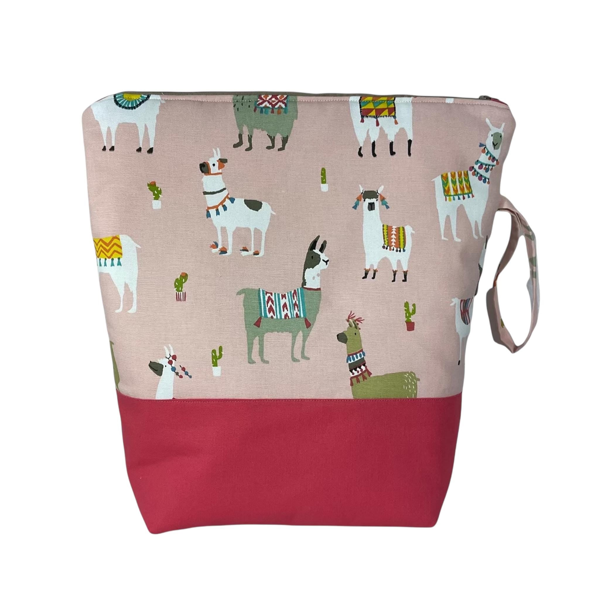 Extra Large knitting zipped pouch bag with llamas, supersized knitters alpaca zipped project and craft tote, alpaca lovers gift