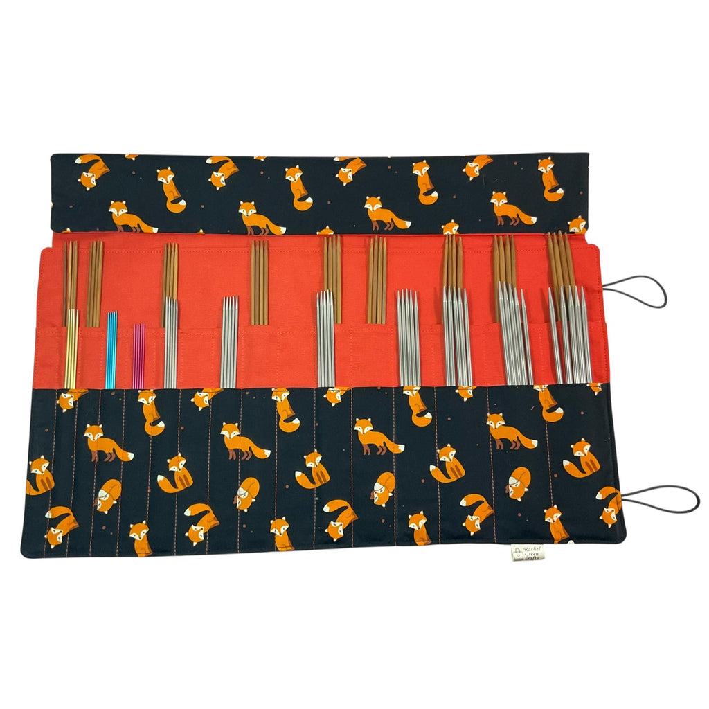 Double pointed knitting needle case with foxes,  DPN or crochet hook case, sock knitters gift, straight needle pouch