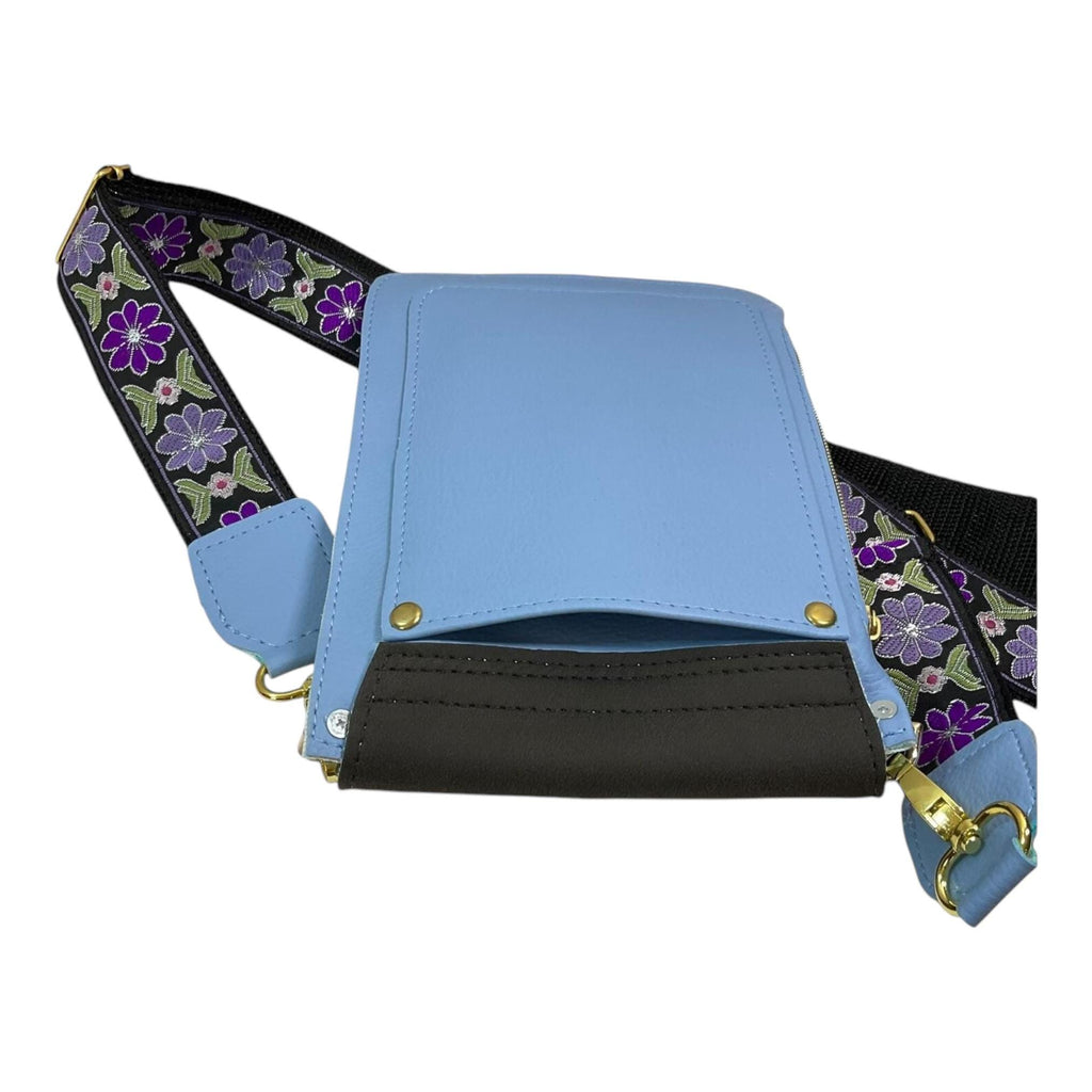 Vegan phone shoulder bag made of faux leather with multi pockets, phone size embroidered messenger style sling crossbody pouch, ladies gift