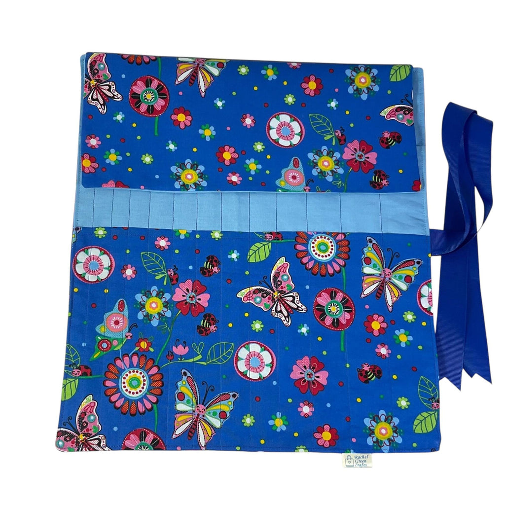 Straight knitting needle case with ladybirds, butterflies and flowers, bugs knitting storage case,, knitters gift,needle organiser