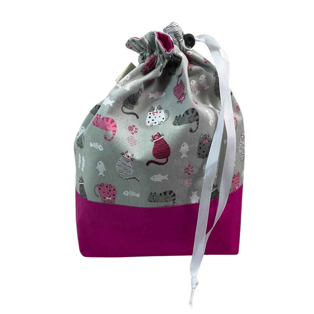 Knitting and crochet bag, Two at a time project bag with cat and mouse print, drawstring divided sock sack, yarn work in progress craft gift