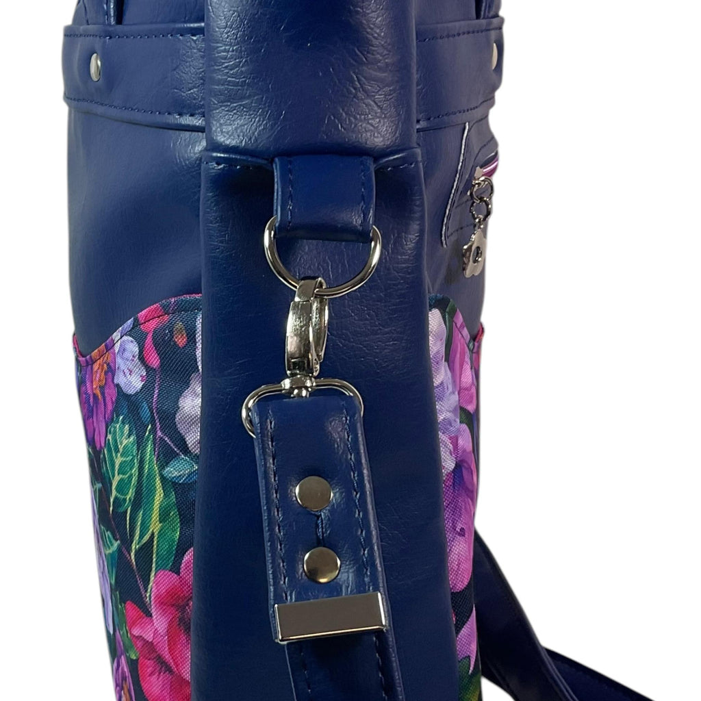 Handbag in faux leather and purple  floral print, vegan ladies gift, handles and crossbody strap bag, rectangular shoulder zip tote
