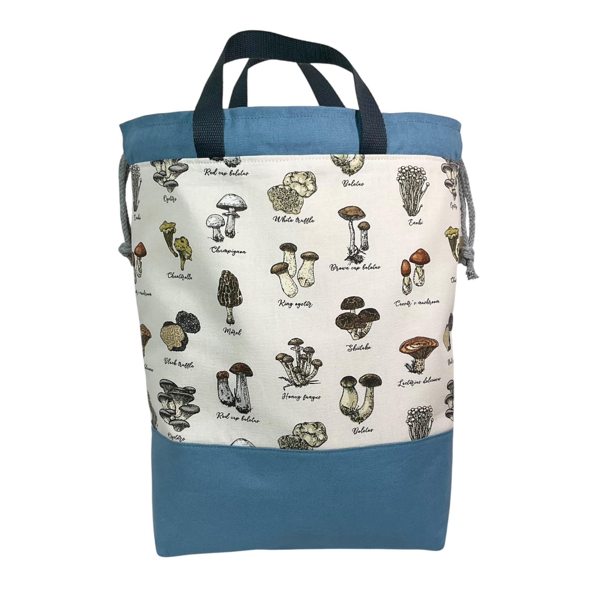 Extra Large drawstring knitting bag with mushroom and toadstool print, multi pockets cottage core project bag with handles
