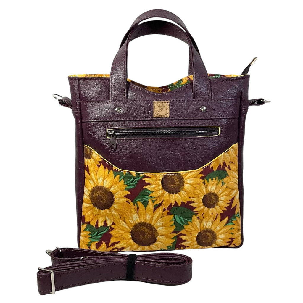 Handbag in faux leather and Sunflower floral print, vegan ladies gift, handles and crossbody strap bag, rectangular shoulder zip pouch,
