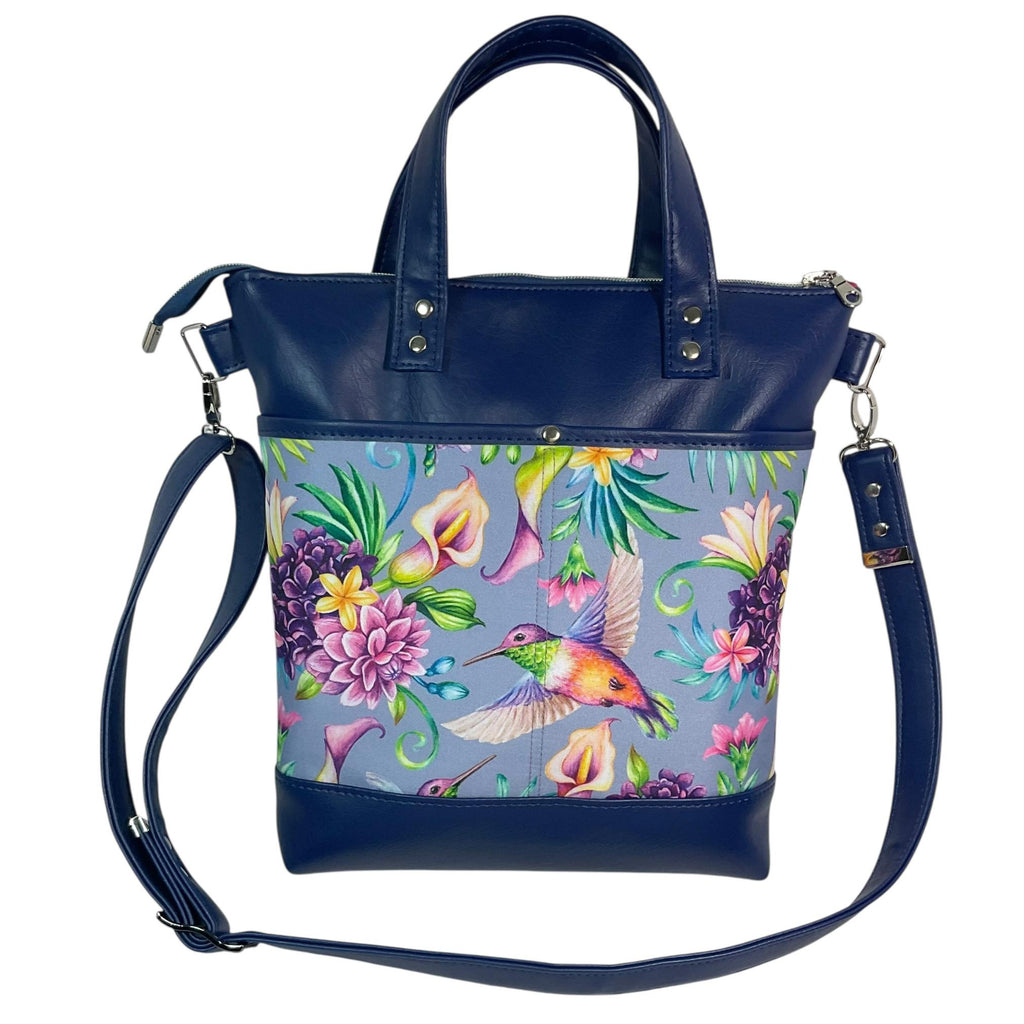 Handbag in faux Leather and floral hummingbird print  fabric, medium tote style zip top shoulder crossbody with carry handles