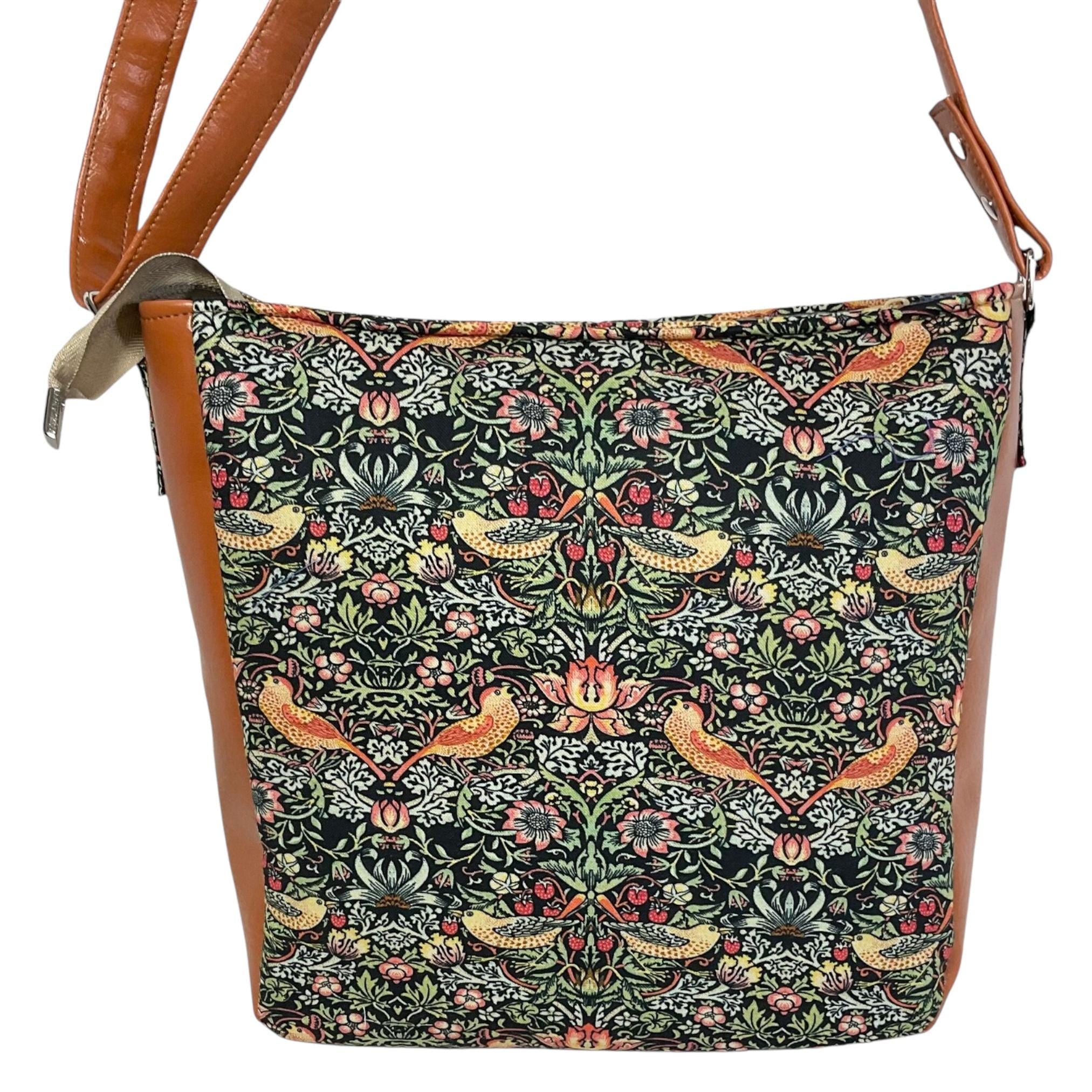 Handbag in faux leather and strawberry thief bird print, vegan ladies gift, crossbody bag, shoulder zip pouch