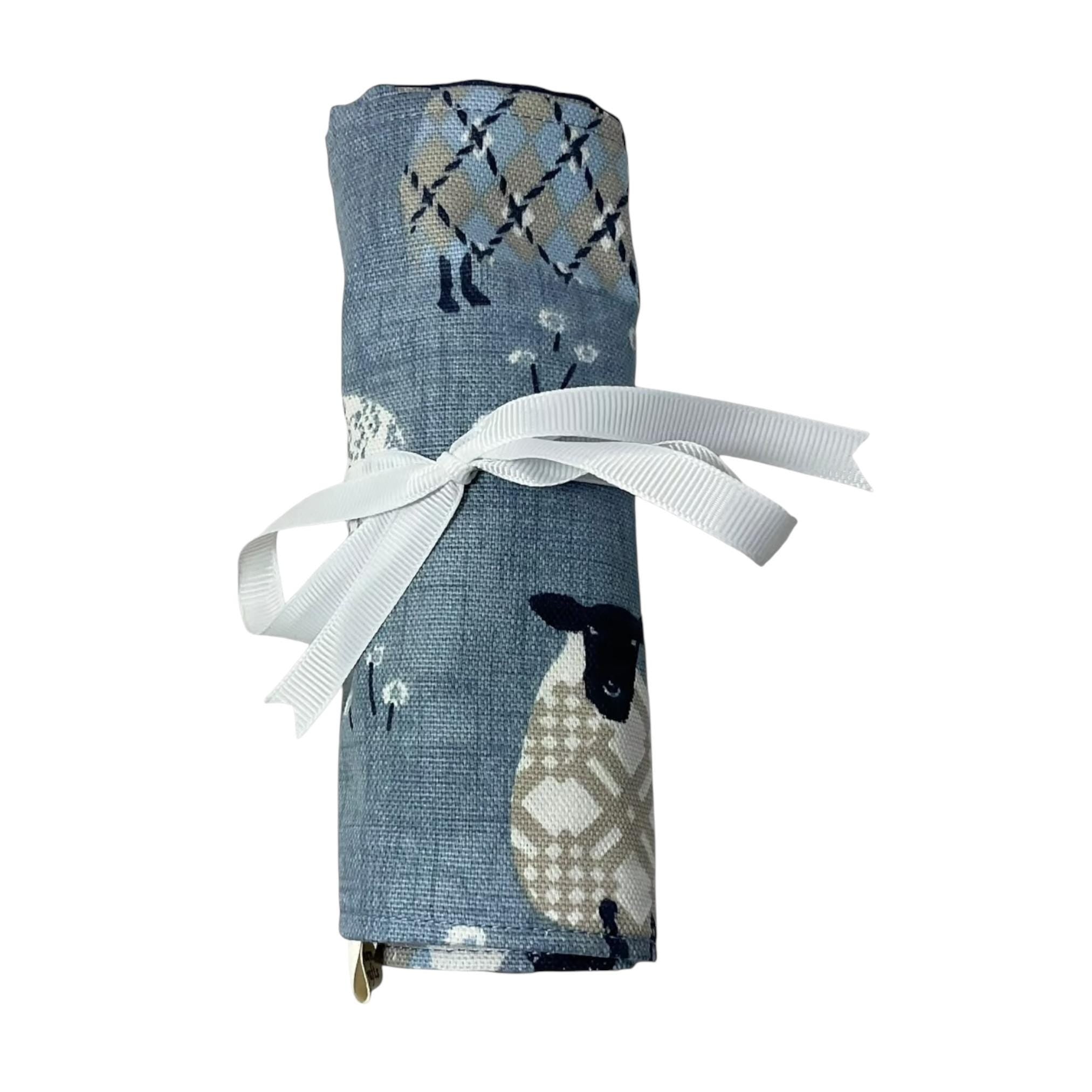 Crochet hook case with blue sheep, ergonomic hook organiser, roll up case, Sheep lover gift, knitters gift, Crochet gift,  hook storage