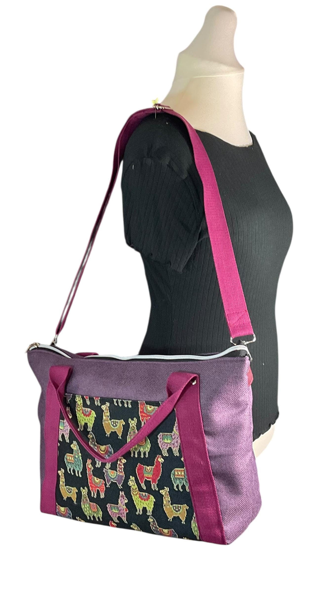 Knitting and crochet tote bag with zip top, large llamas organiser crossbody bag