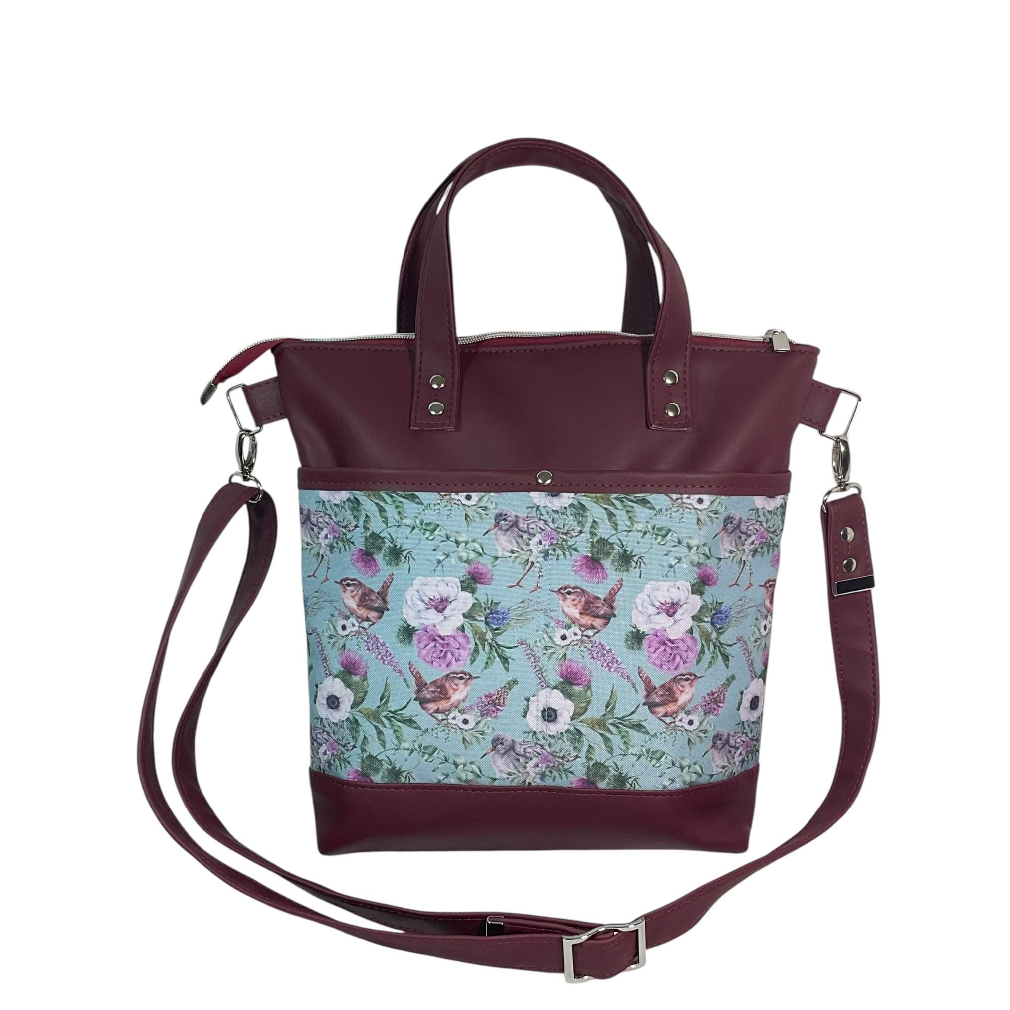 Handbag in faux Leather and bird  print  fabric, medium tote style zip top shoulder crossbody with carry handles