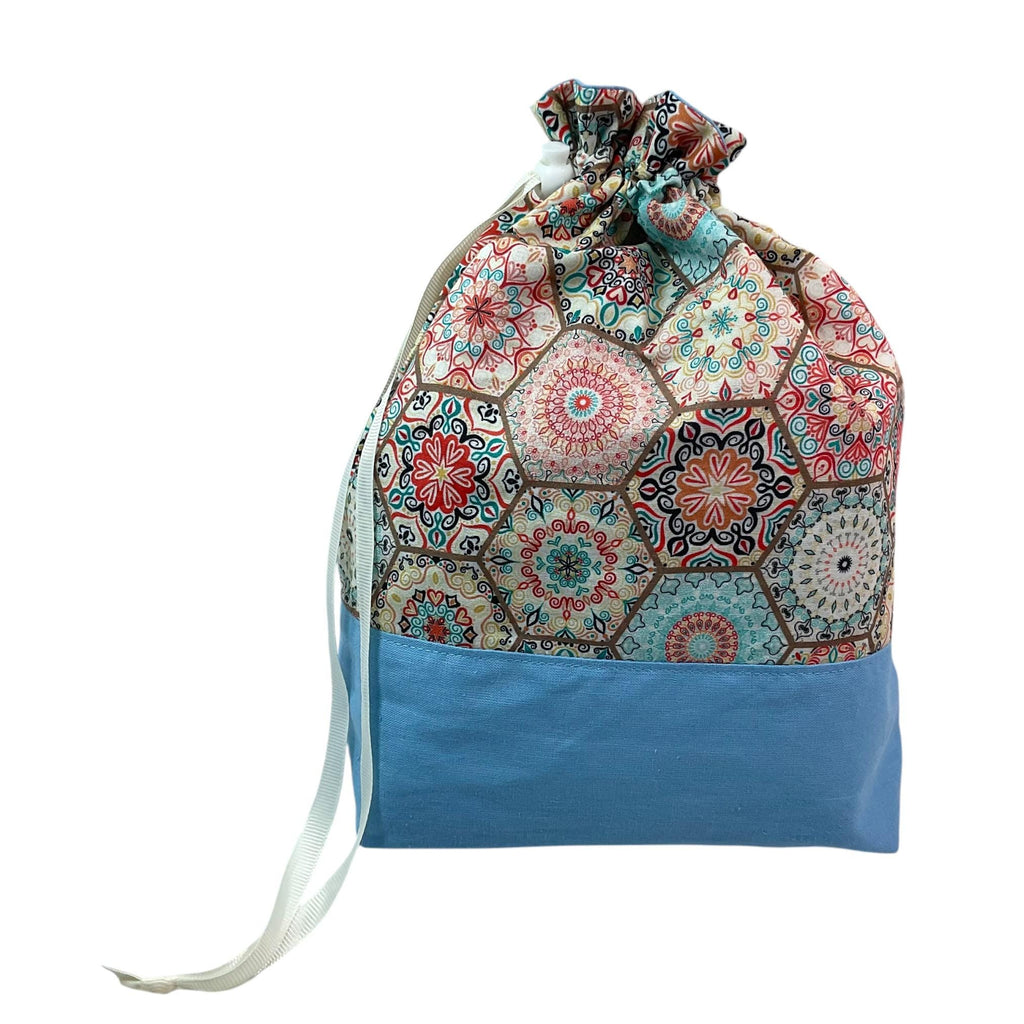 Knitting and crochet bag, Two at a time project bag with floral crochet print, drawstring divided sock sack, yarn work in progress pouch,