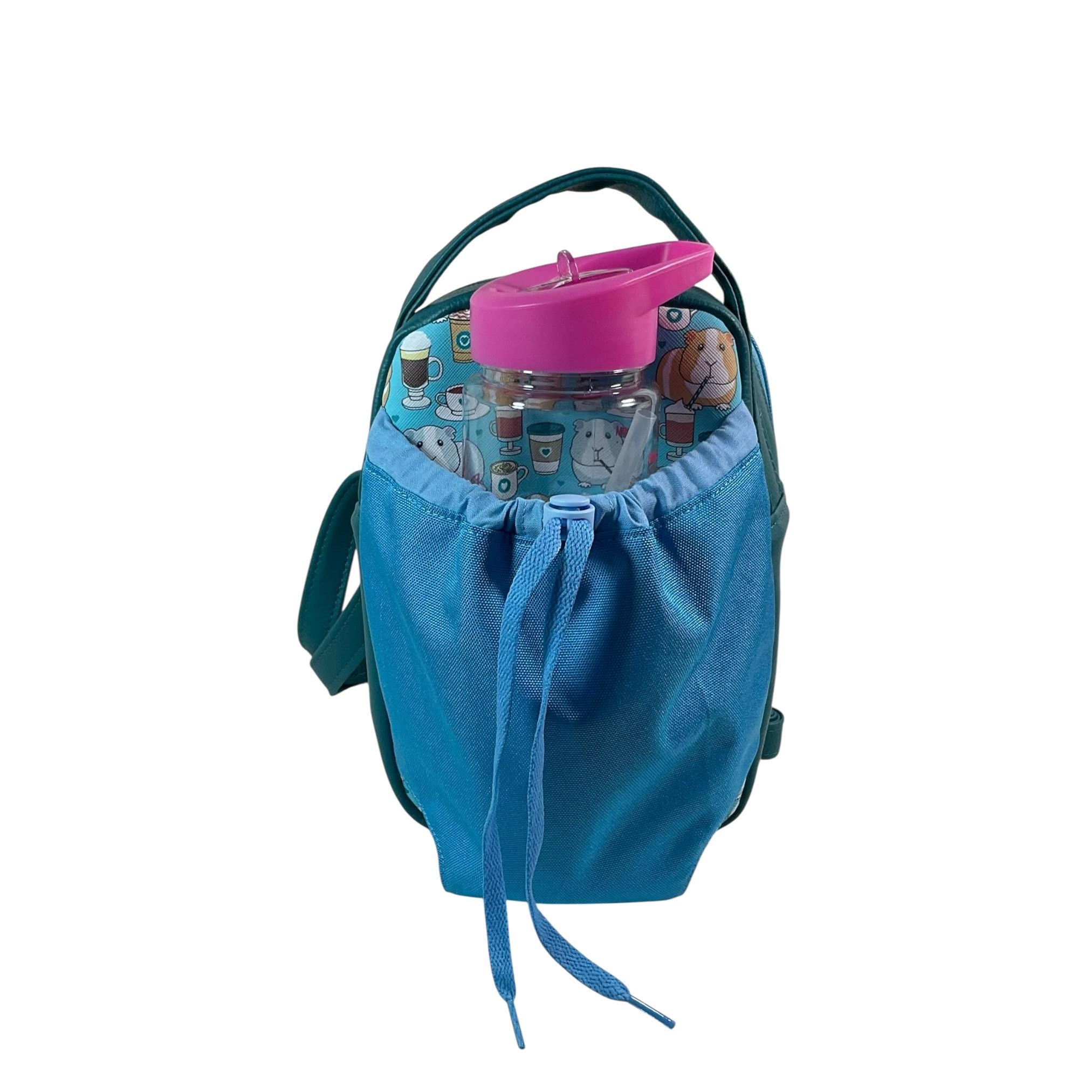 Water bottle sling bag, walking tour and travel day trip, guinea pig lover bag with carry handle, water resistant vinyl/ faux leather bag