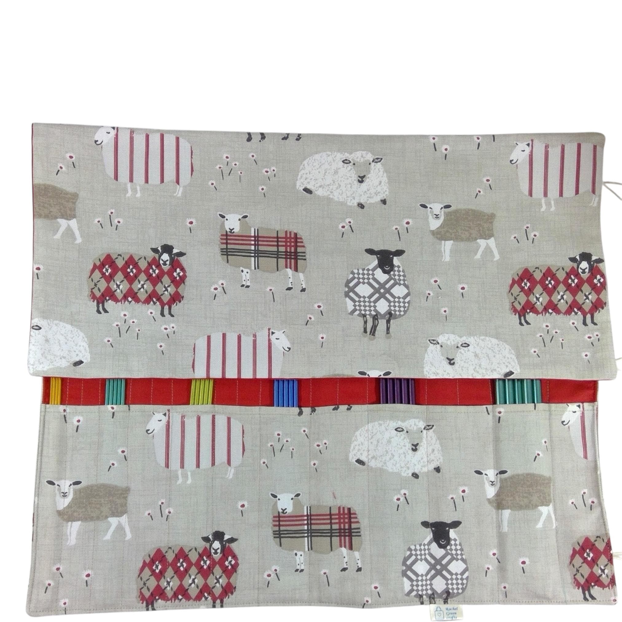 Straight and double pointed knitting needle case with red sheep, knitting needle pouch,  needle storage, long needles wallet, sock needle