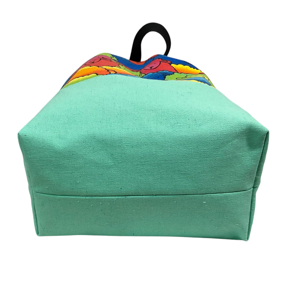 Extra Large drawstring knitting bag with bright sheep print, multi pockets project bag with handles