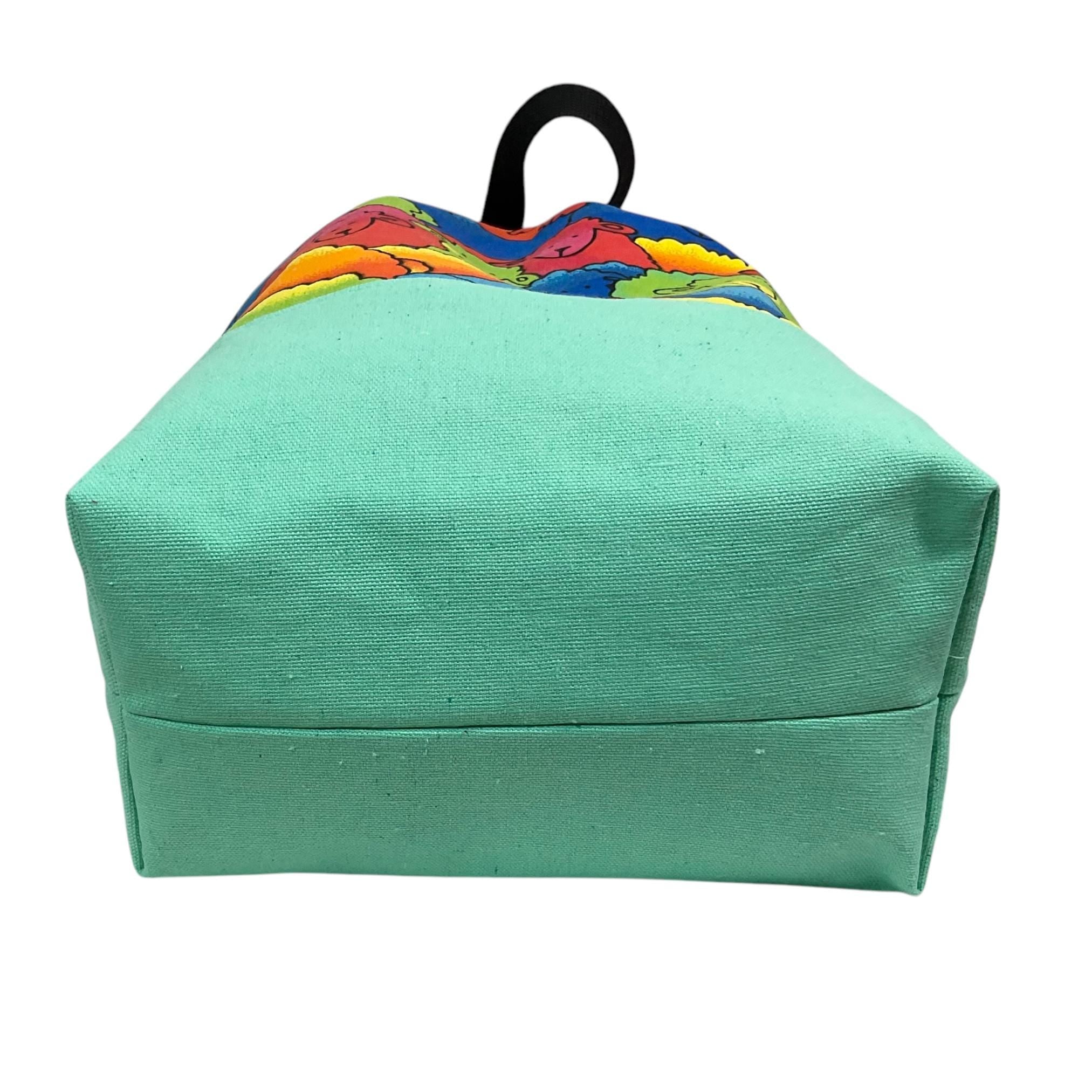 Extra Large drawstring knitting bag with bright sheep print, multi pockets project bag with handles