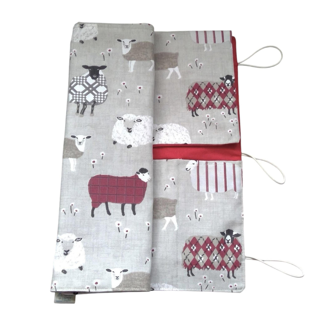 Straight and double pointed knitting needle case with red sheep, knitting needle pouch,  needle storage, long needles wallet, sock needle
