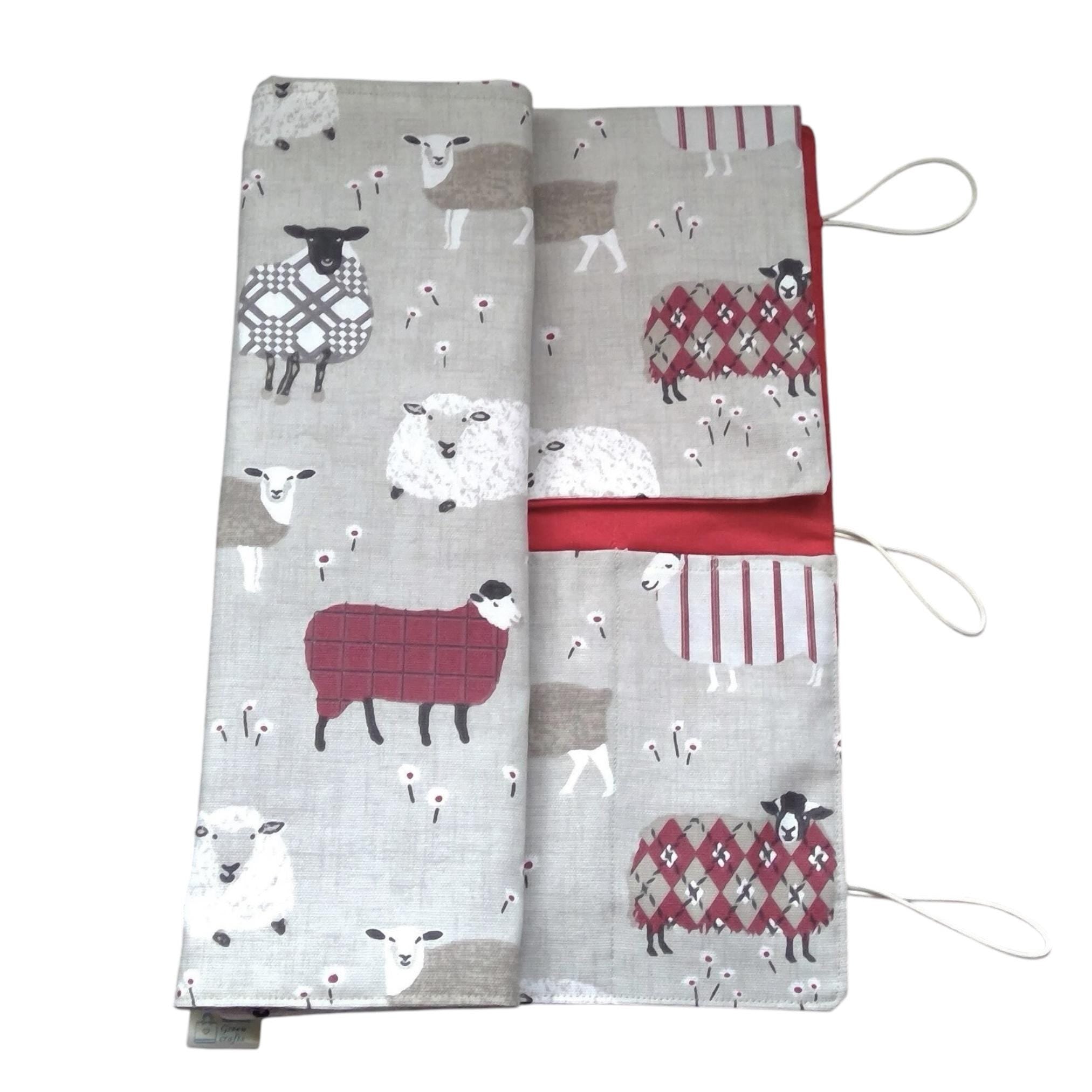 Straight and double pointed knitting needle case with red sheep, knitting needle pouch,  needle storage, long needles wallet, sock needle
