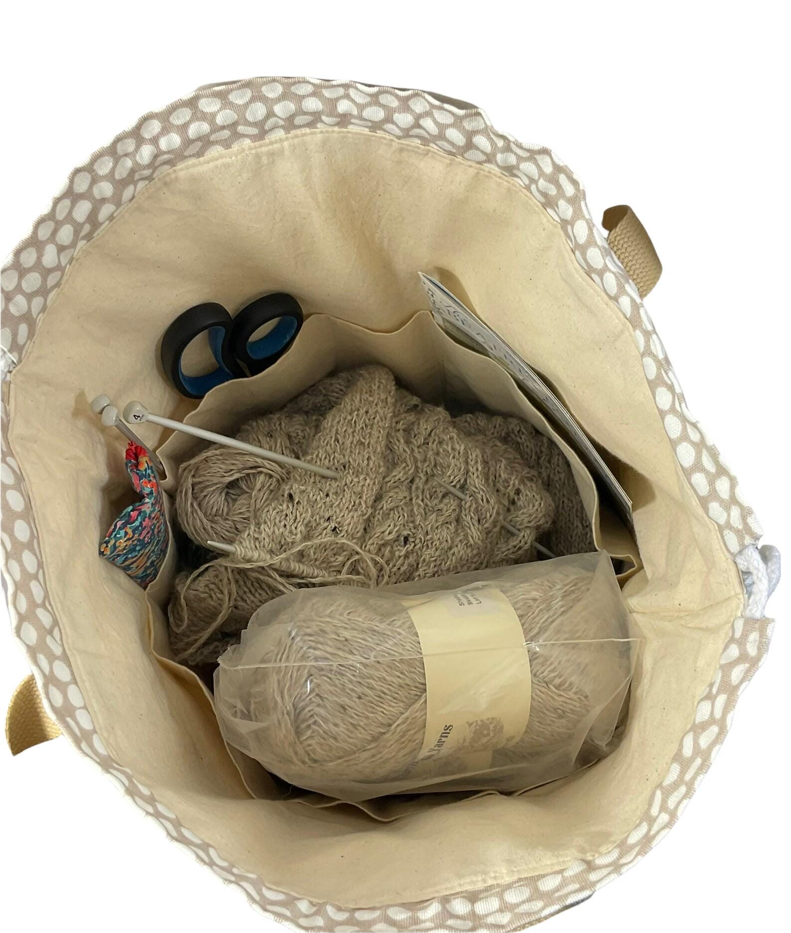 XXL  drawstring knitting bag with shabby cats print supersized multi pockets project bag with handles, cat lover gift