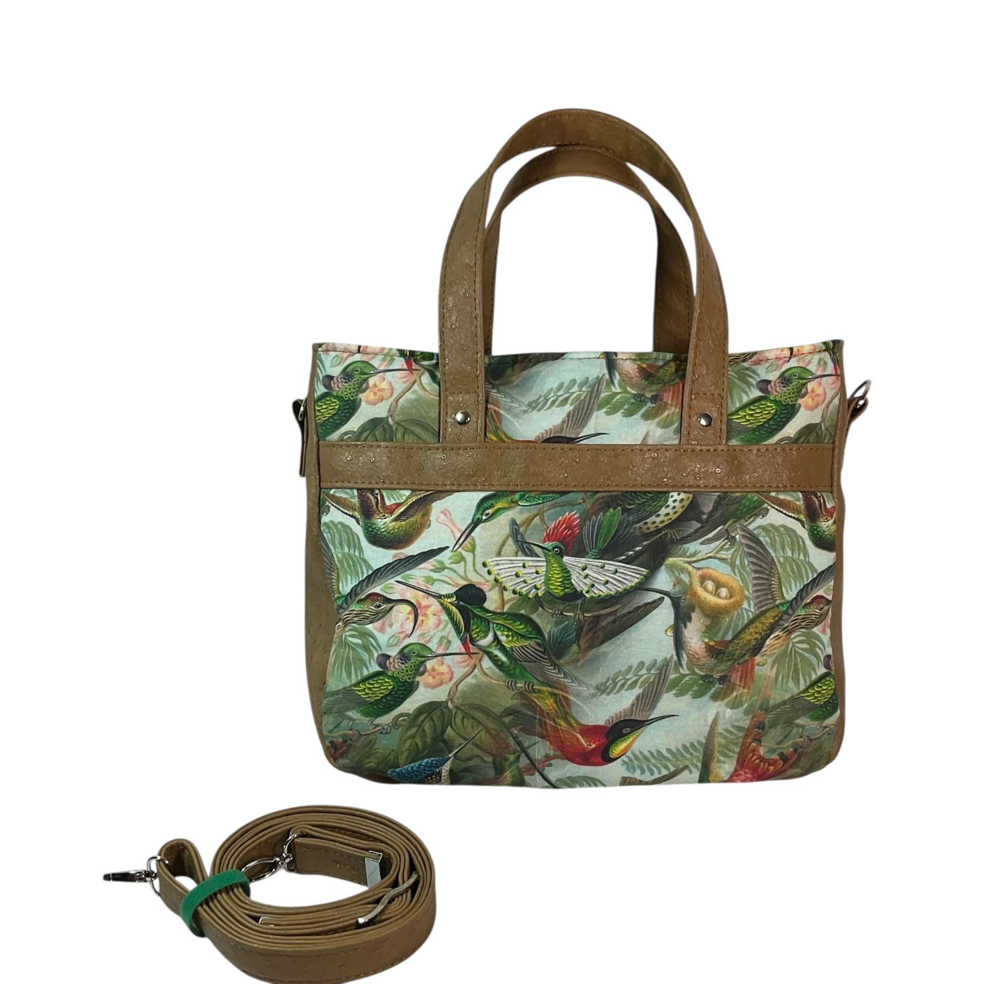 Hummingbird Crossbody Handbag made in caramel shade faux leather, unique large shoulder tote, zip pocket, perfect ladies gift