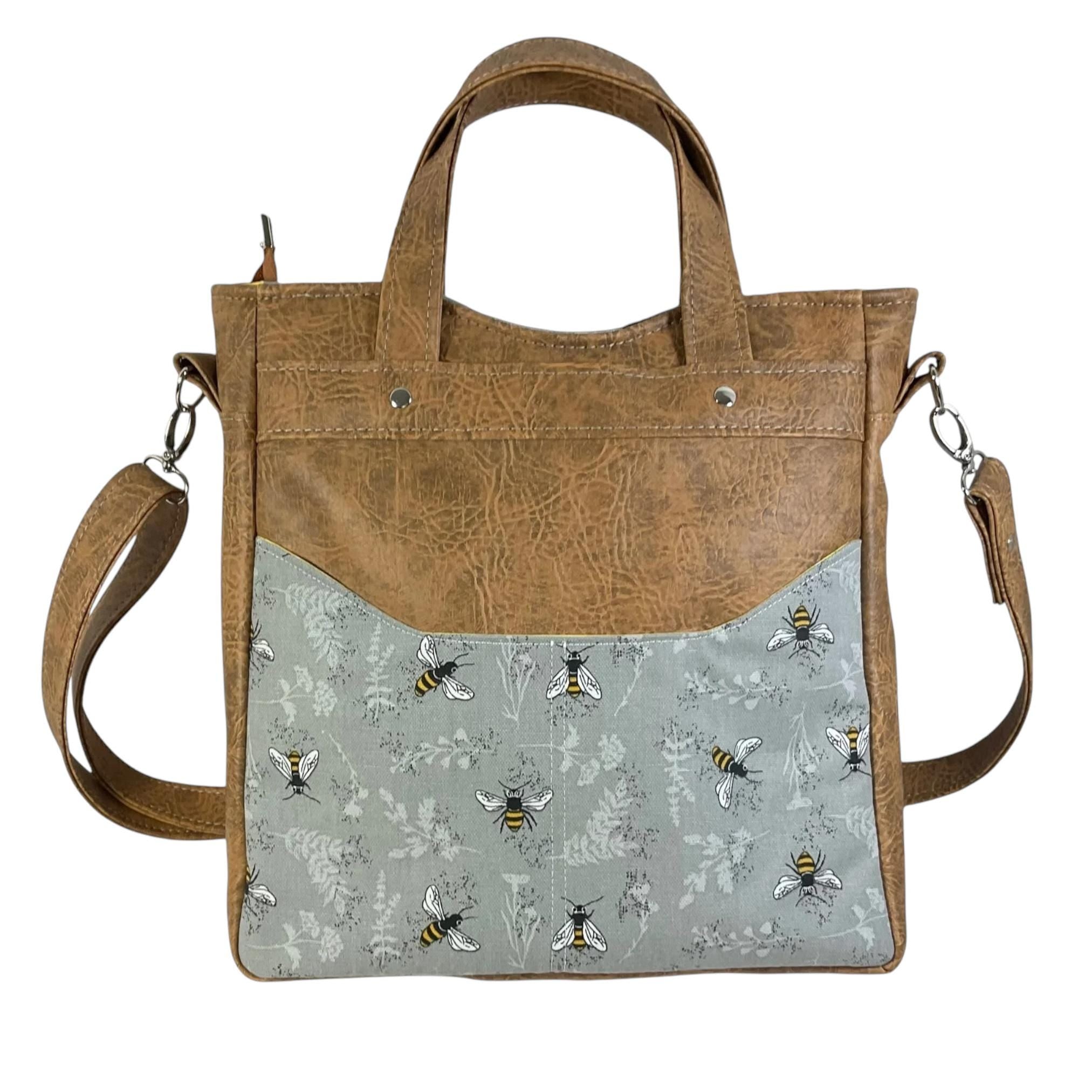Handbag in faux leather and bee print,  vegan ladies gift, handles and crossbody strap bag, shoulder zip pouch, rectangular carry all
