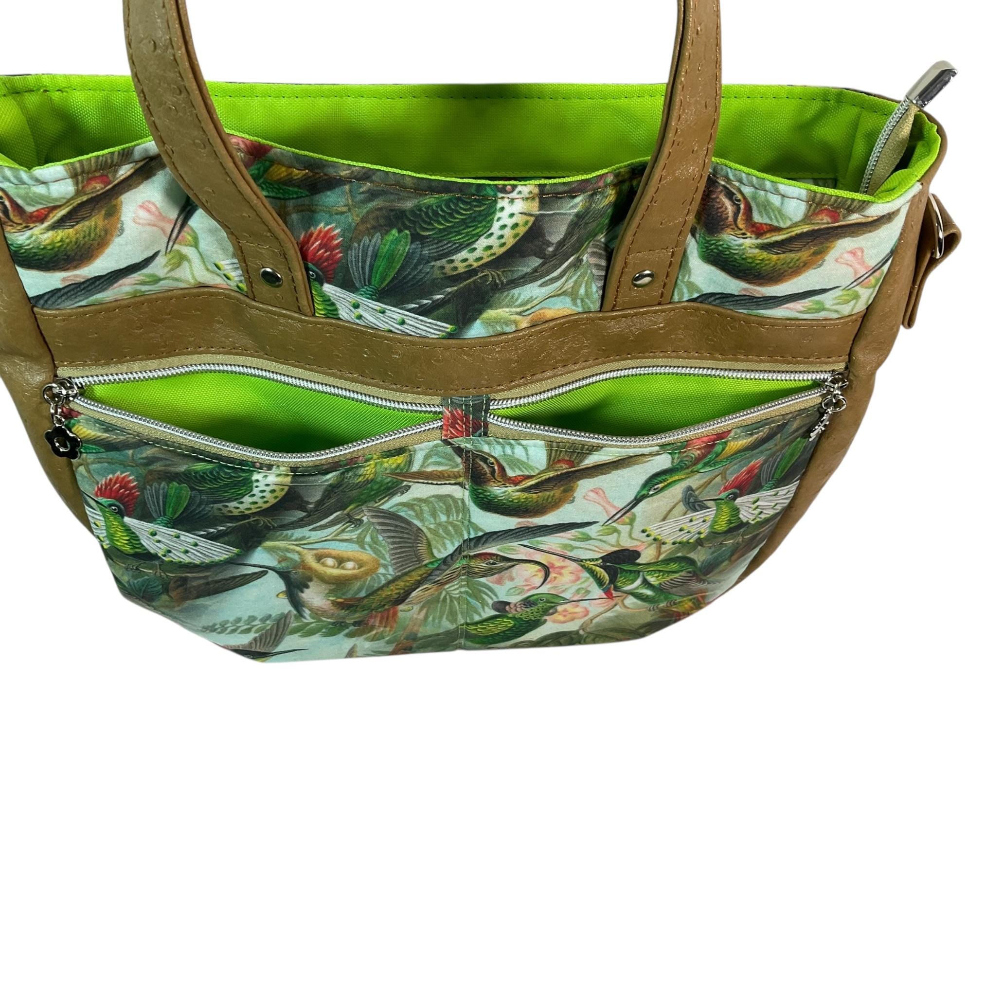 Hummingbird Crossbody Handbag made in caramel shade faux leather, unique large shoulder tote, zip pocket, perfect ladies gift