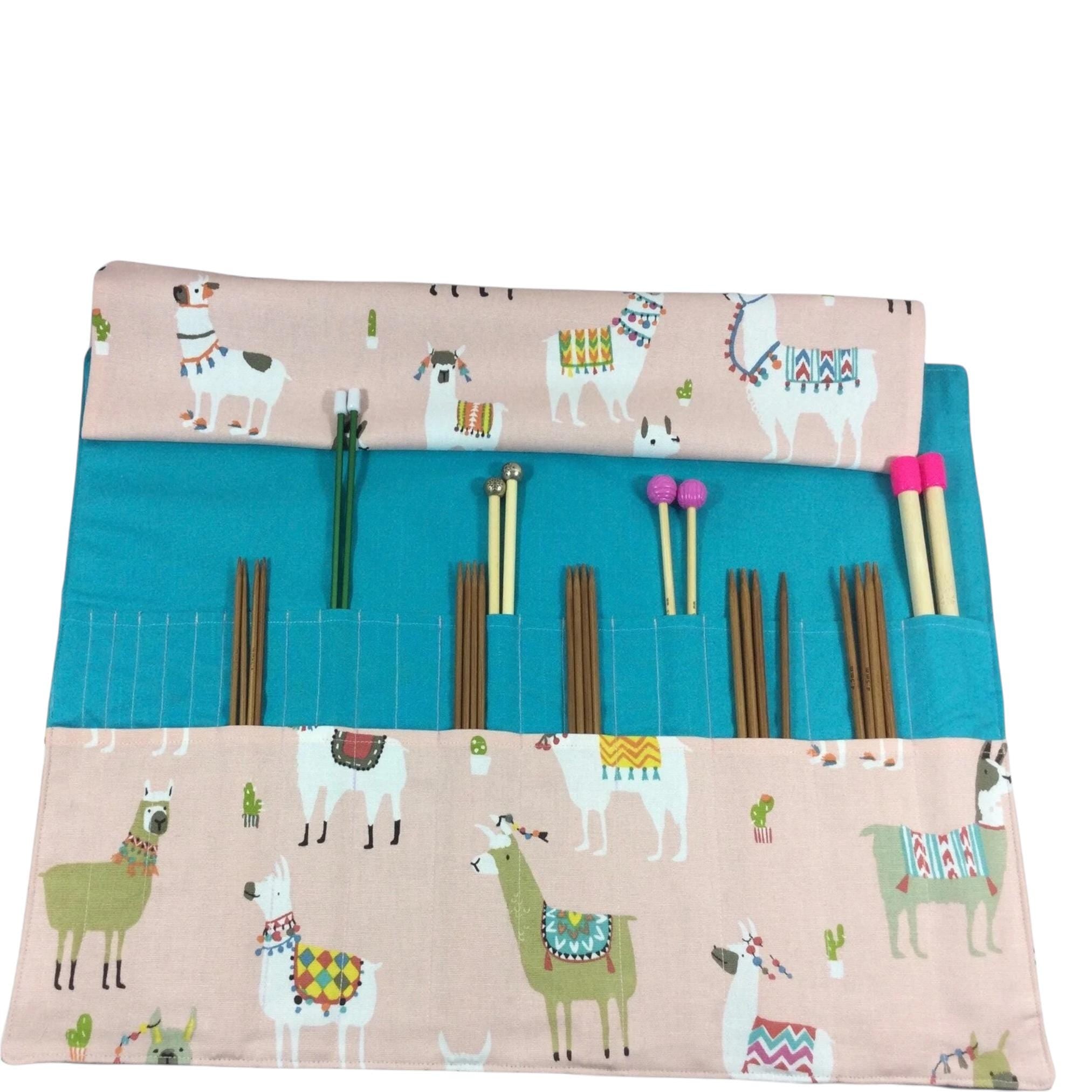 Straight and double pointed knitting needle case with alpacas, knitting needle pouch,  needle storage, long needles wallet, sock needle