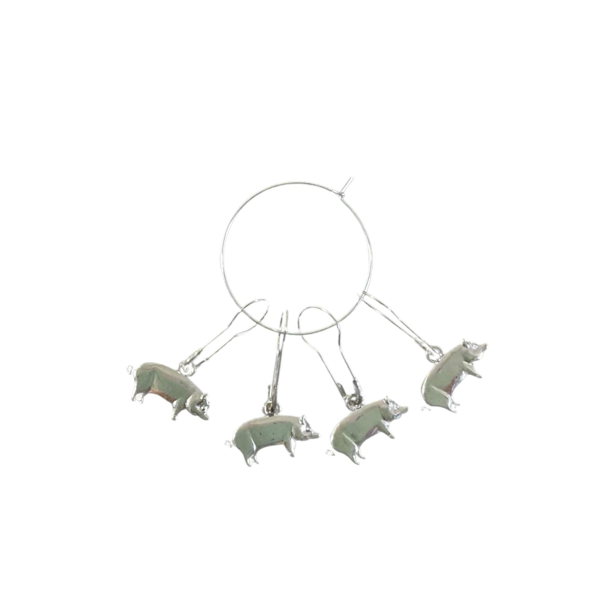 Pig Stitch Markers: Silver Knitting Crochet Charms, Set of 4