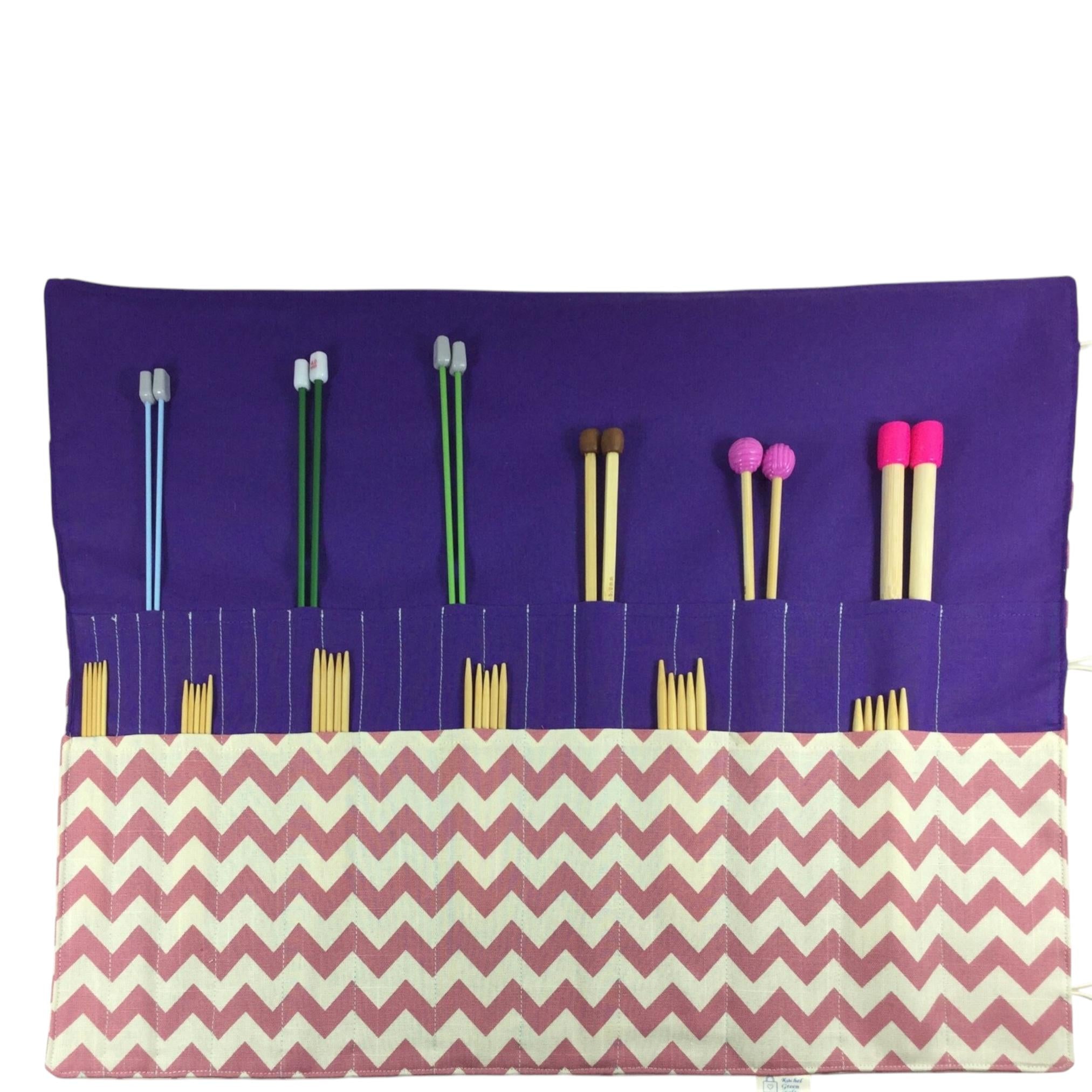 Straight and double pointed knitting needle case with pink chevrons, knitting needle pouch, needle storage, long needles wallet, sock needle