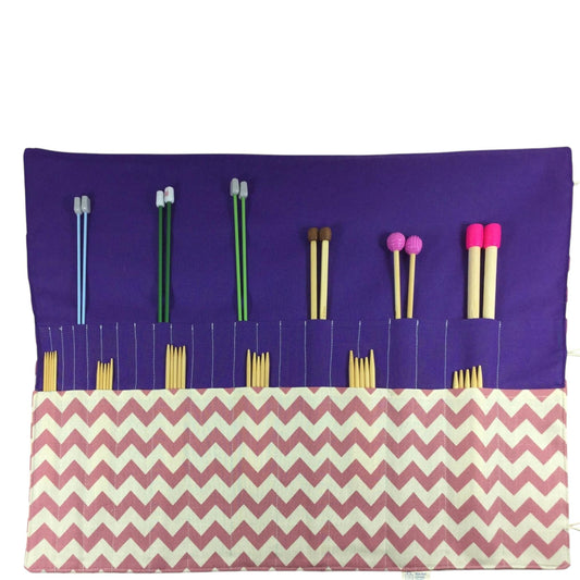 Straight and double pointed knitting needle case with pink chevrons