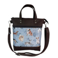 Handbag in faux Leather and dog breeds print  fabric, medium tote style zip top shoulder crossbody with carry handles