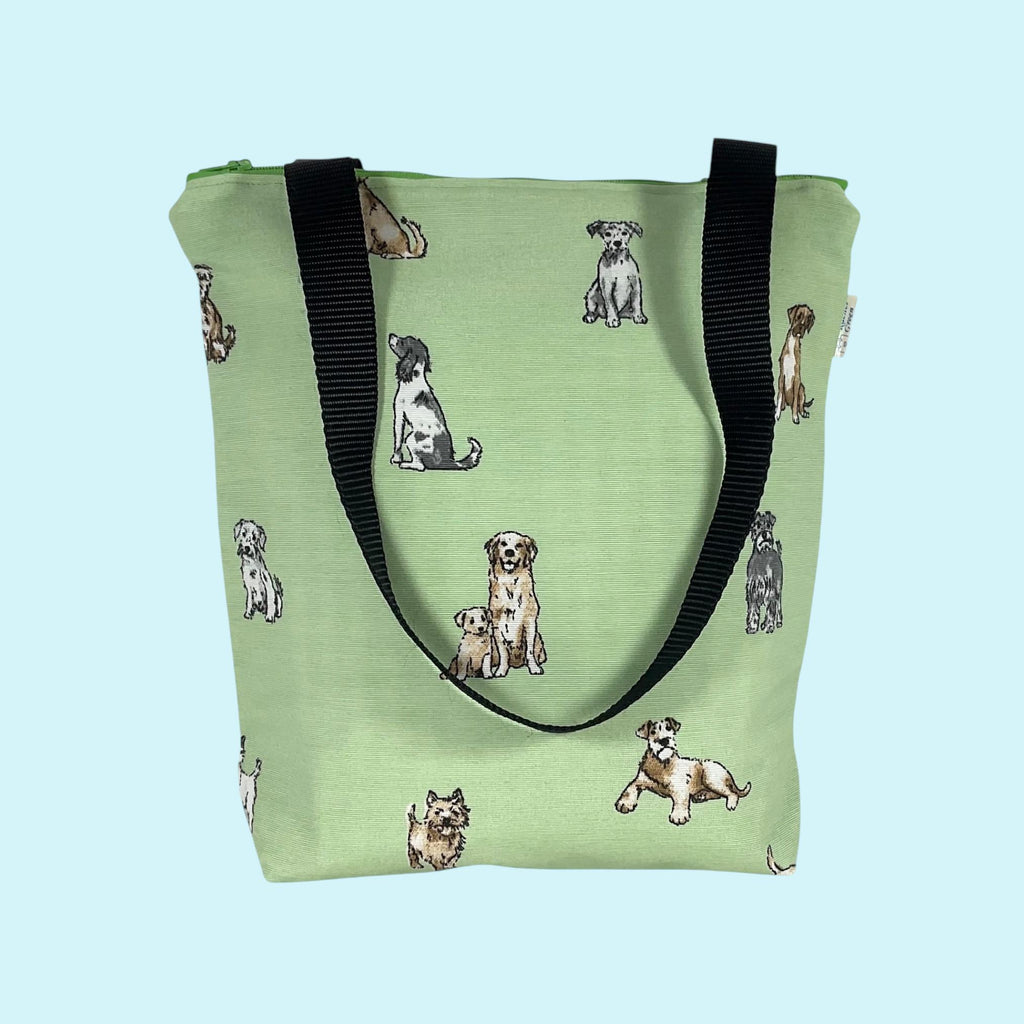 Dog print canvas tote bag with zip closure, pet lover small cotton book purse, bag with pockets  for dog lover, gift for girls