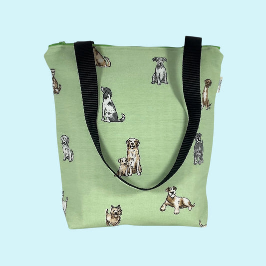 Dog print canvas tote bag with zip closure