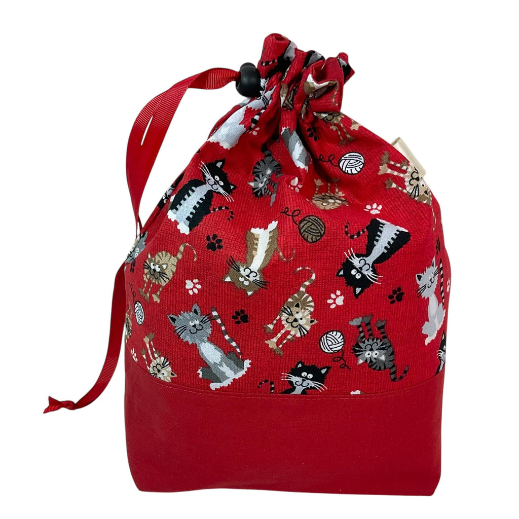 Knitting and crochet bag, Two at a time project bag with cat print, drawstring divided sock sack, yarn work in progress pouch, craft gift