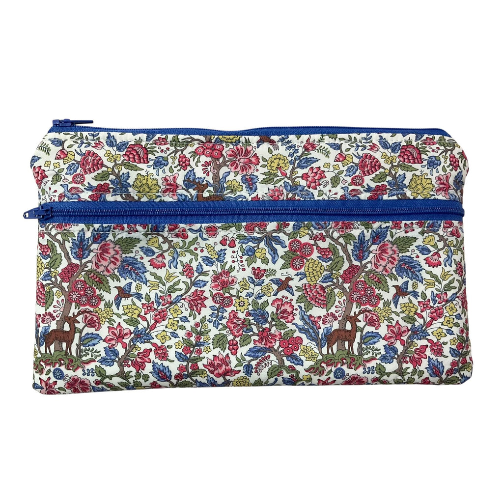Liberty fabric two pocket pouch, double pocket cosmetics case, 2 section pencil storage, floral water resistant ladies gift, privacy