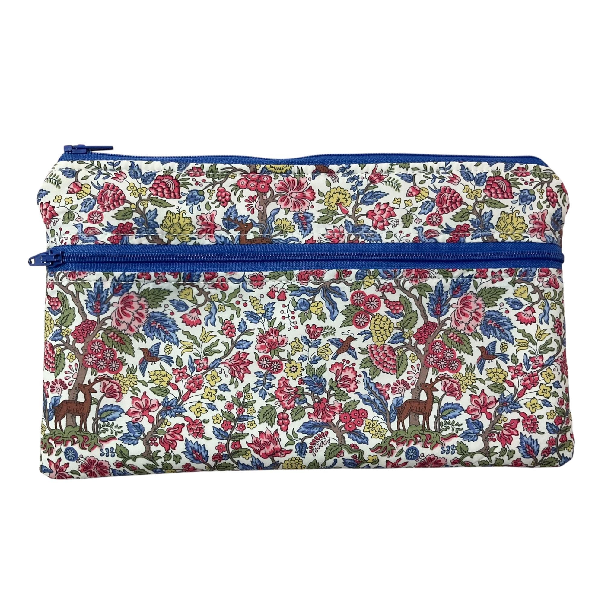 Liberty fabric two pocket pouch, double pocket cosmetics case, 2 section pencil storage, floral water resistant ladies gift, privacy
