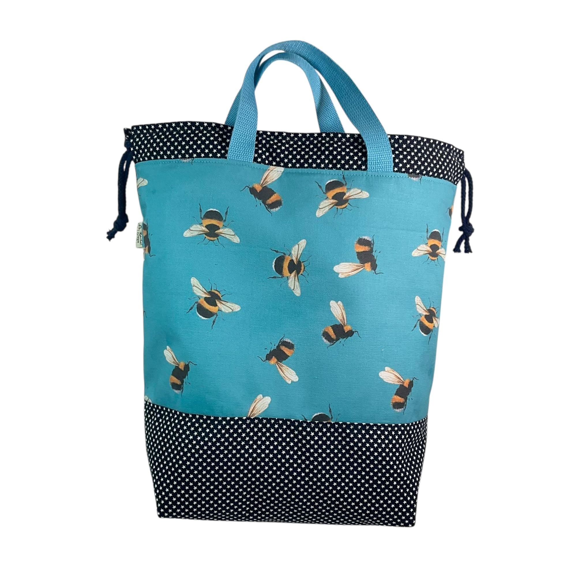 Extra Large bee print knitting bag, drawstring crafting bag