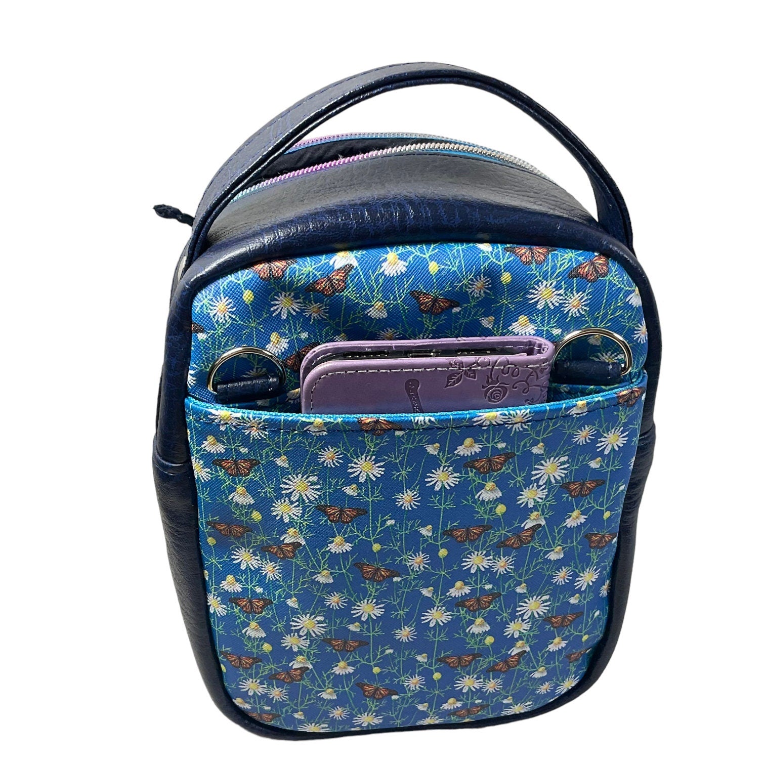 Water bottle sling bag,  walking tour and travel day trip,  floral butterfly bag with carry handle, water resistant vinyl/ faux leather bag
