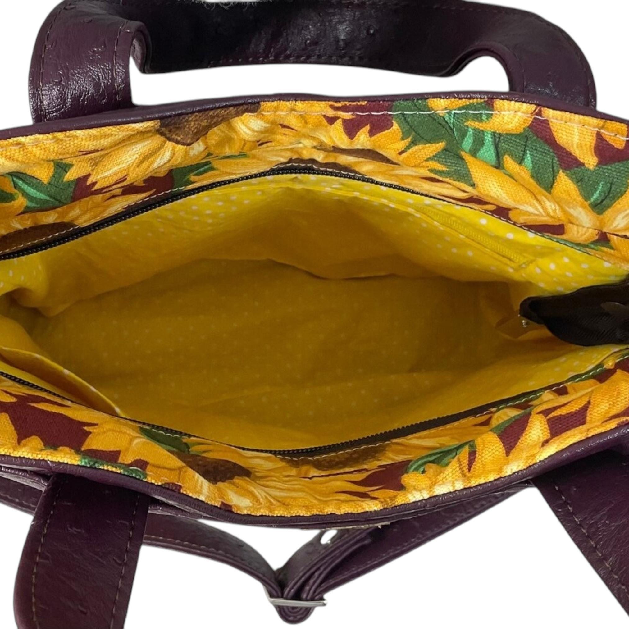 Handbag in faux leather and Sunflower floral print, vegan ladies gift, handles and crossbody strap bag, rectangular shoulder zip pouch,
