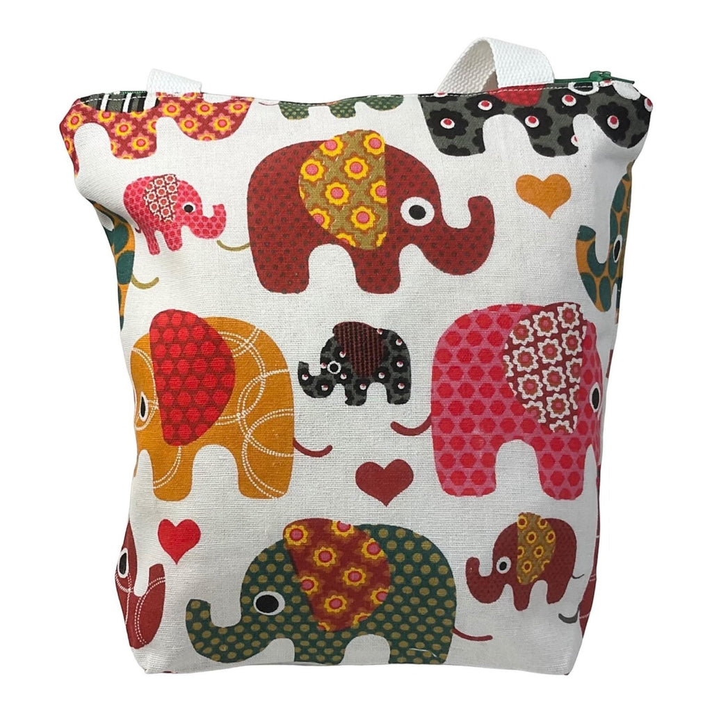 Elephant print canvas tote bag with zip closure, jungle creatures small cotton book purse with pockets, gift for girls