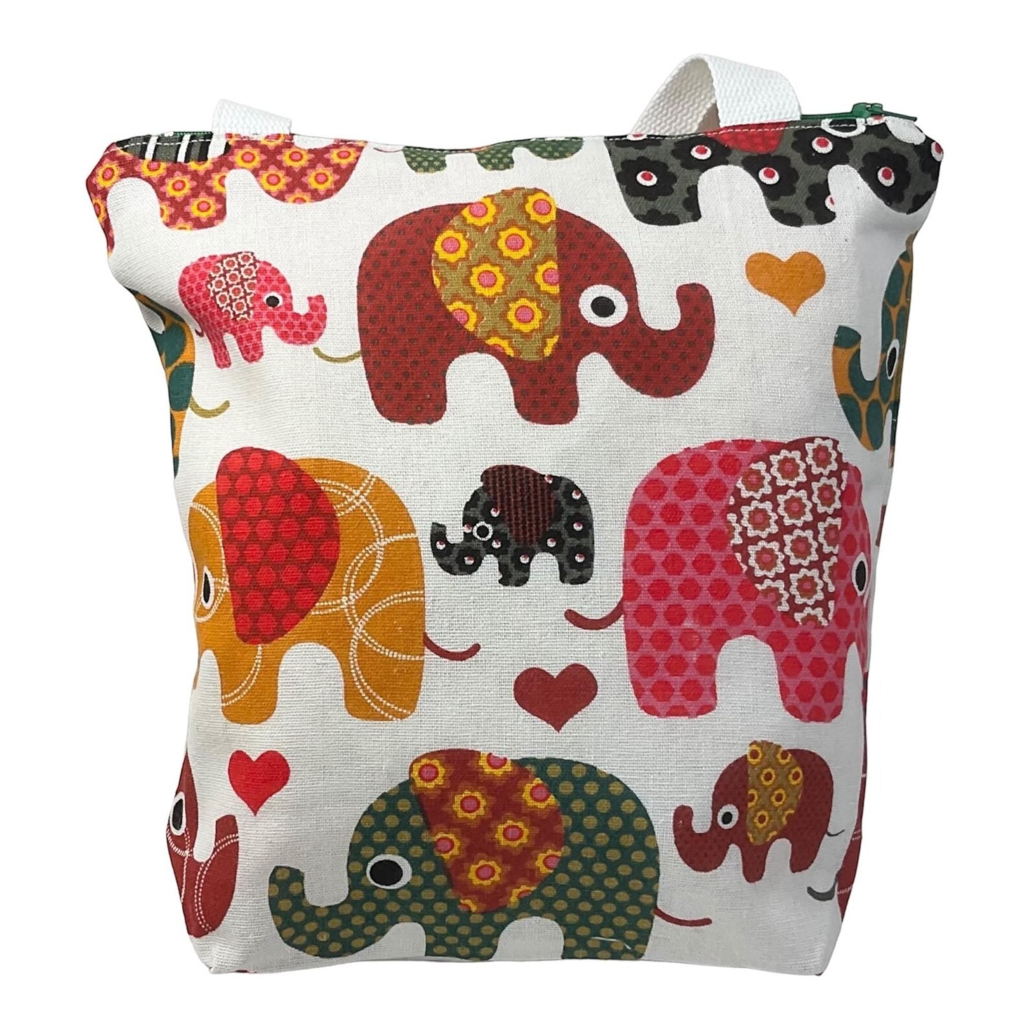 Elephant print canvas tote bag with zip closure, jungle creatures small cotton book purse with pockets, gift for girls