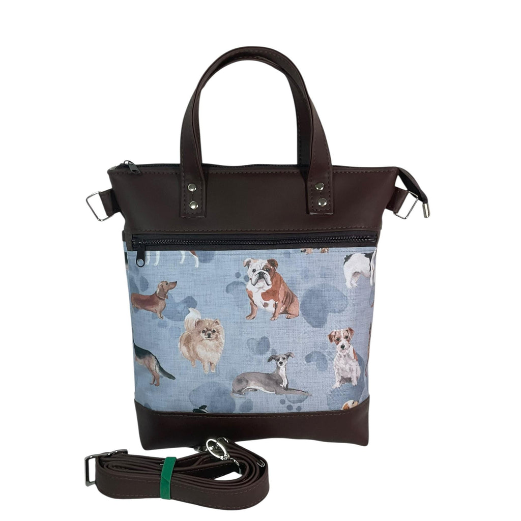 Handbag in faux Leather and dog breeds print  fabric, medium tote style zip top shoulder crossbody with carry handles
