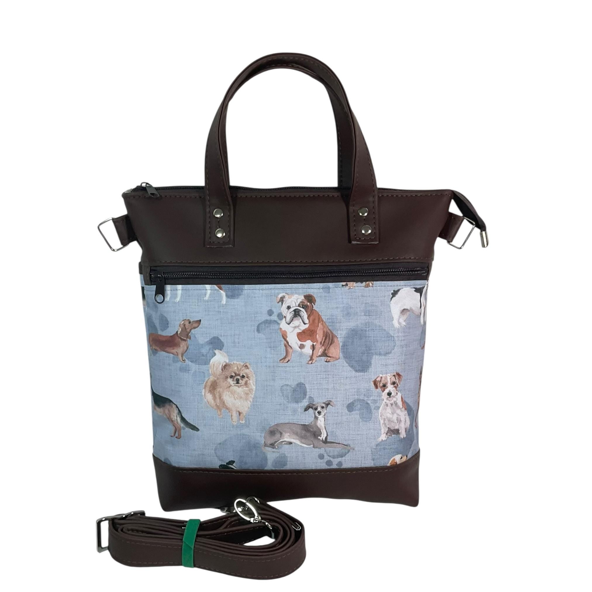 Handbag in faux Leather and dog breeds print  fabric, medium tote style zip top shoulder crossbody with carry handles