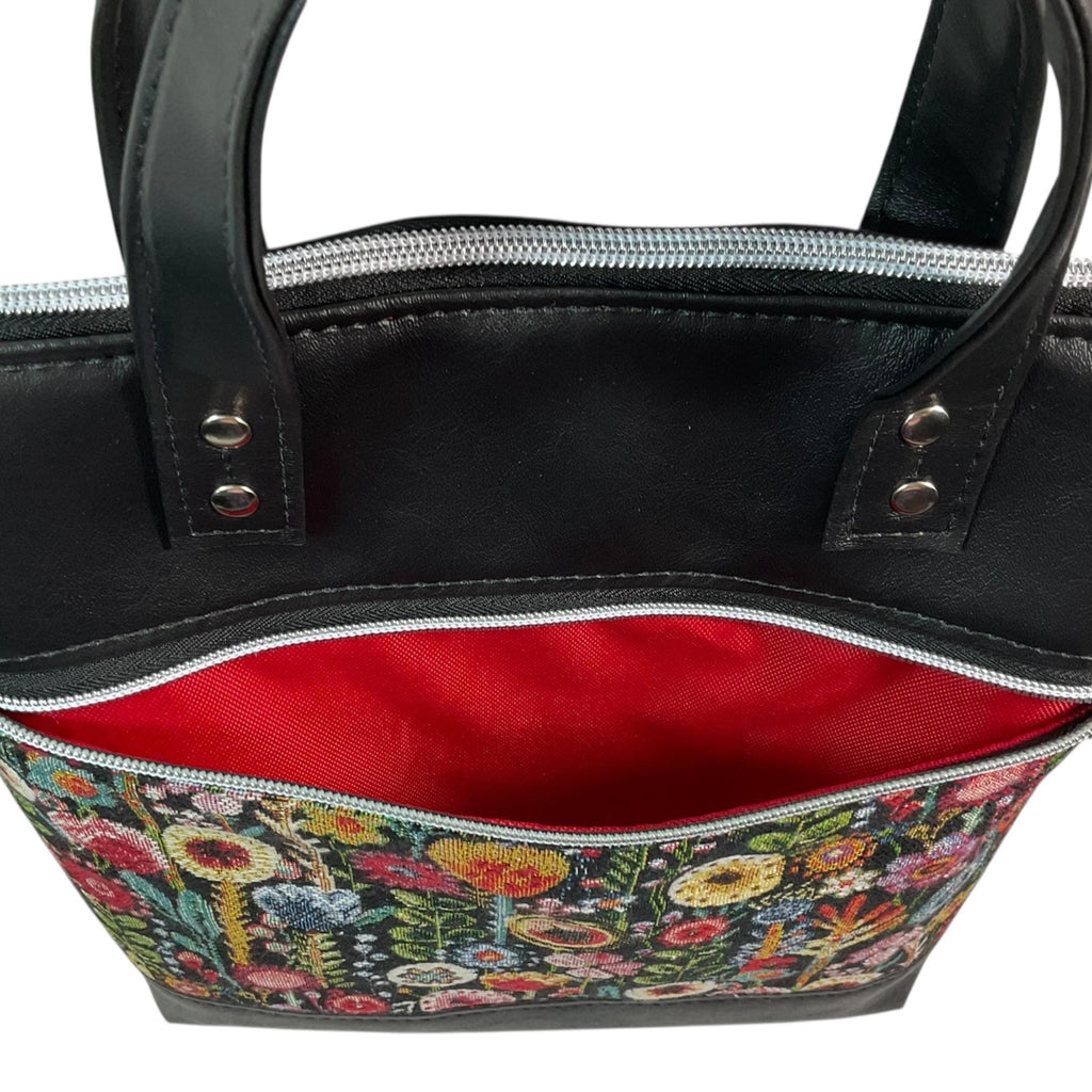 Handbag in faux Leather and floral tapestry fabric, medium tote style zip top shoulder crossbody with carry handles