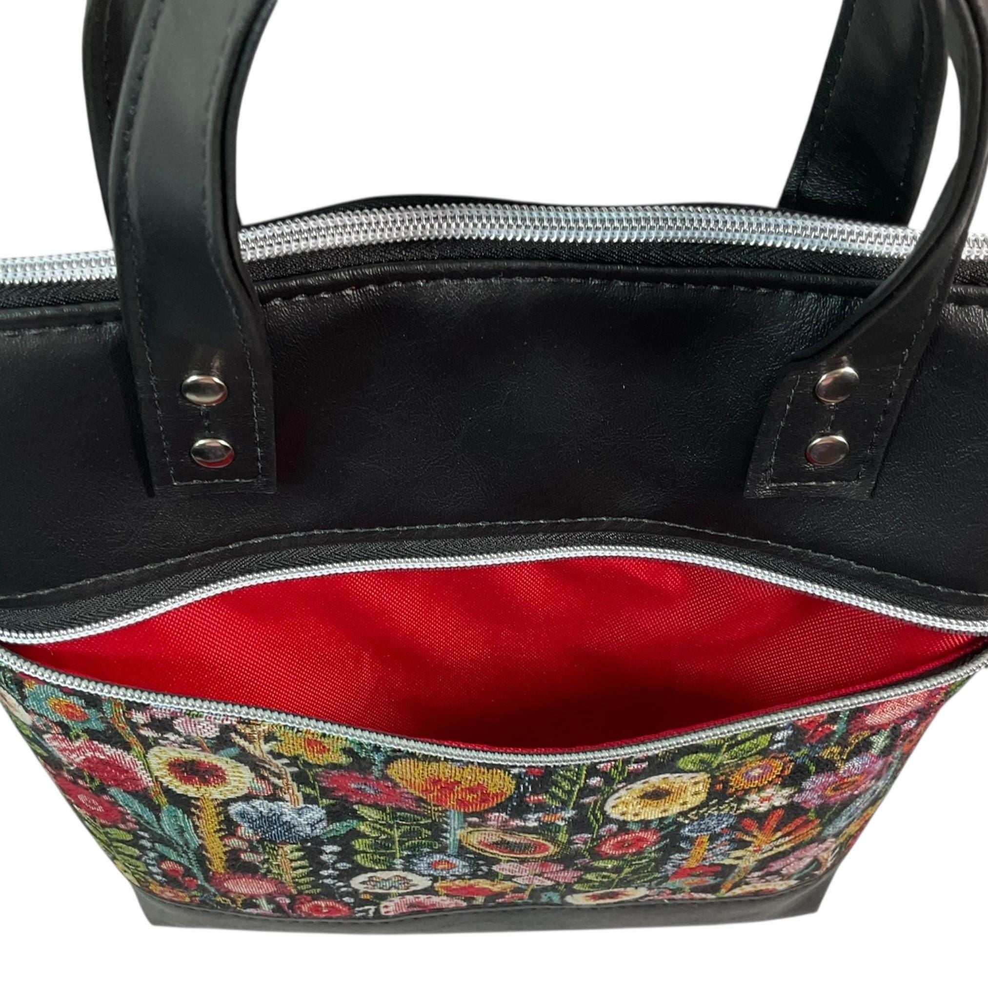 Handbag in faux Leather and floral tapestry fabric, medium tote style zip top shoulder crossbody with carry handles