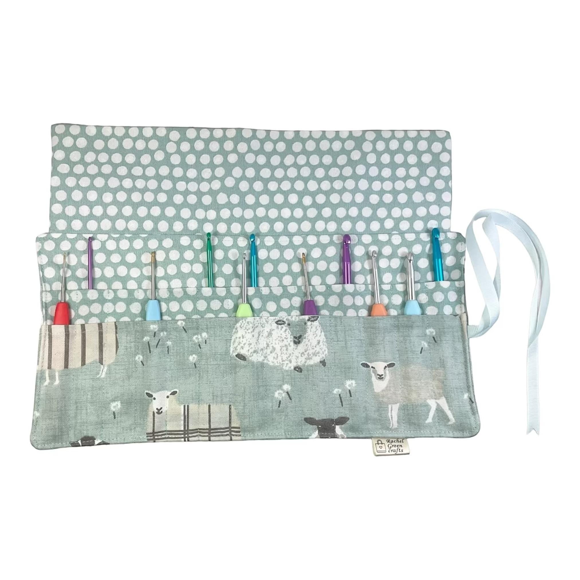 Crochet hook case with blue sheep, ergonomic hook organiser, roll up case, Sheep lover gift, knitters gift, Crochet gift,  hook storage